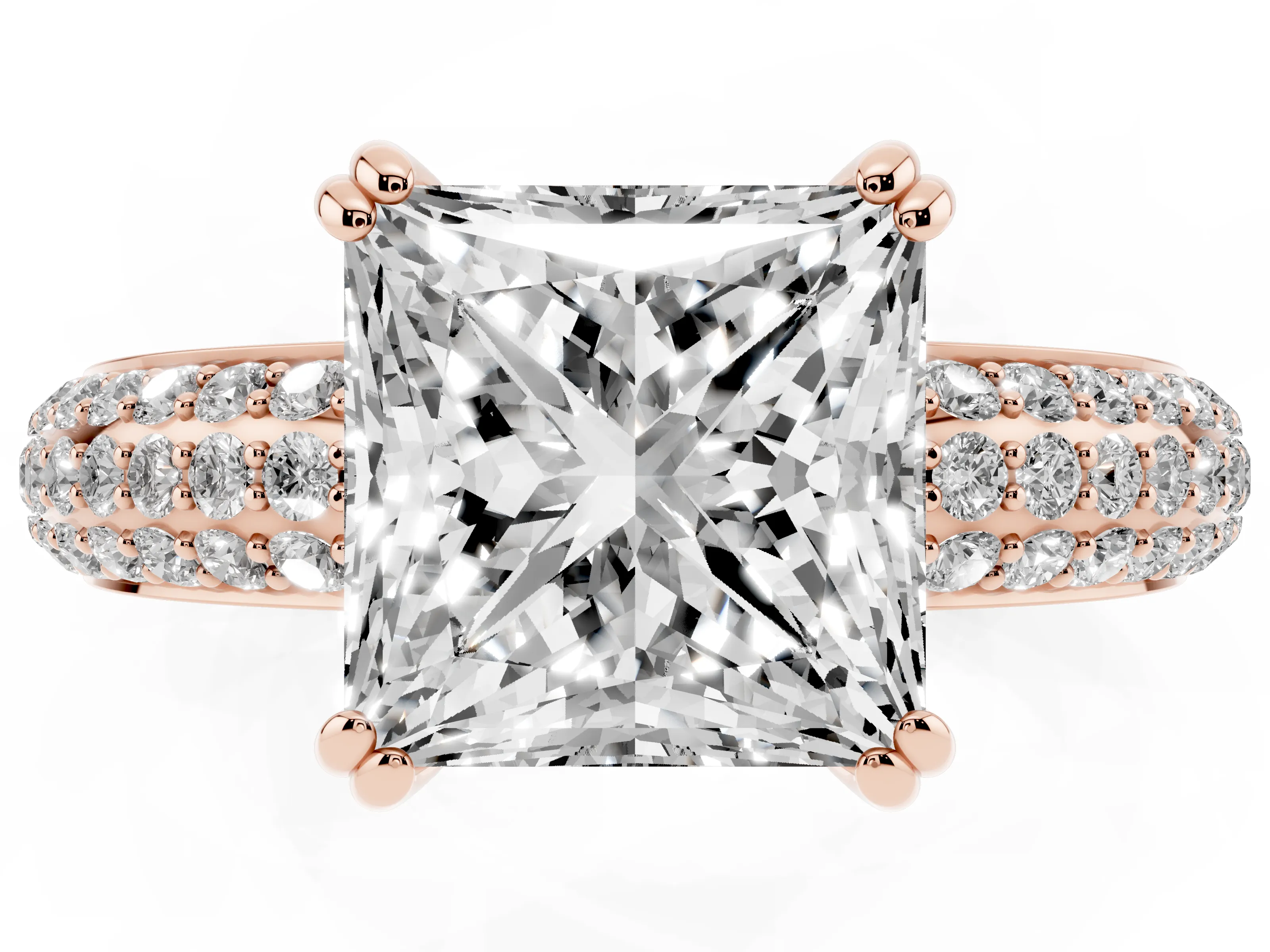 Princess Cut Diamond Solitaire Ring Set in Rose gold with Multi-Row Round Pavé Band and Prong Setting