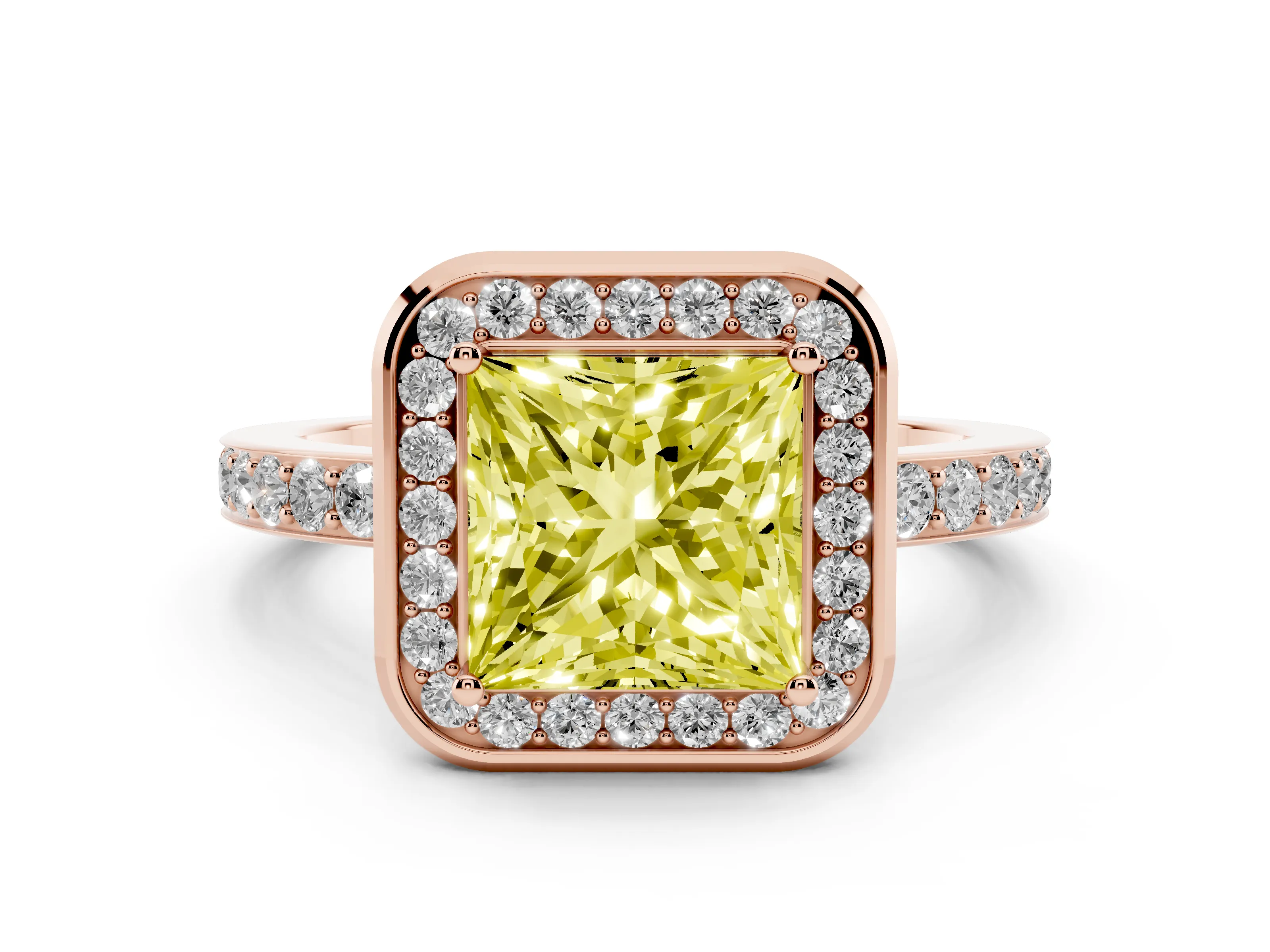 Fancy Yellow Princess Cut Diamond Halo Ring Set in Rose gold with Bezel Frame and Pavé Band