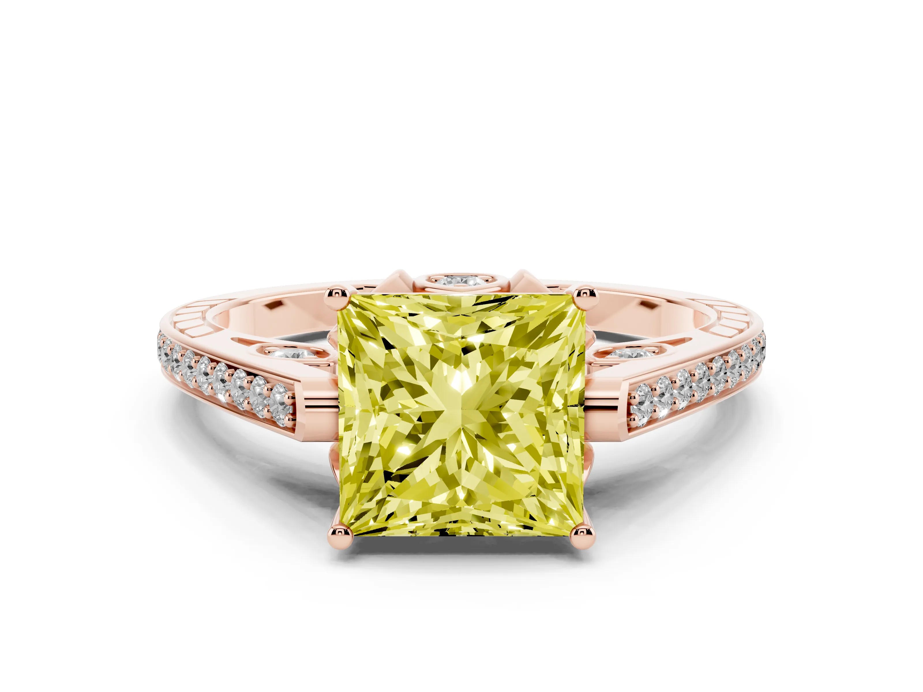 Fancy Yellow Princess Cut Diamond Cathedral Pavé Engagement Ring Set in Rose gold with Prong Setting
