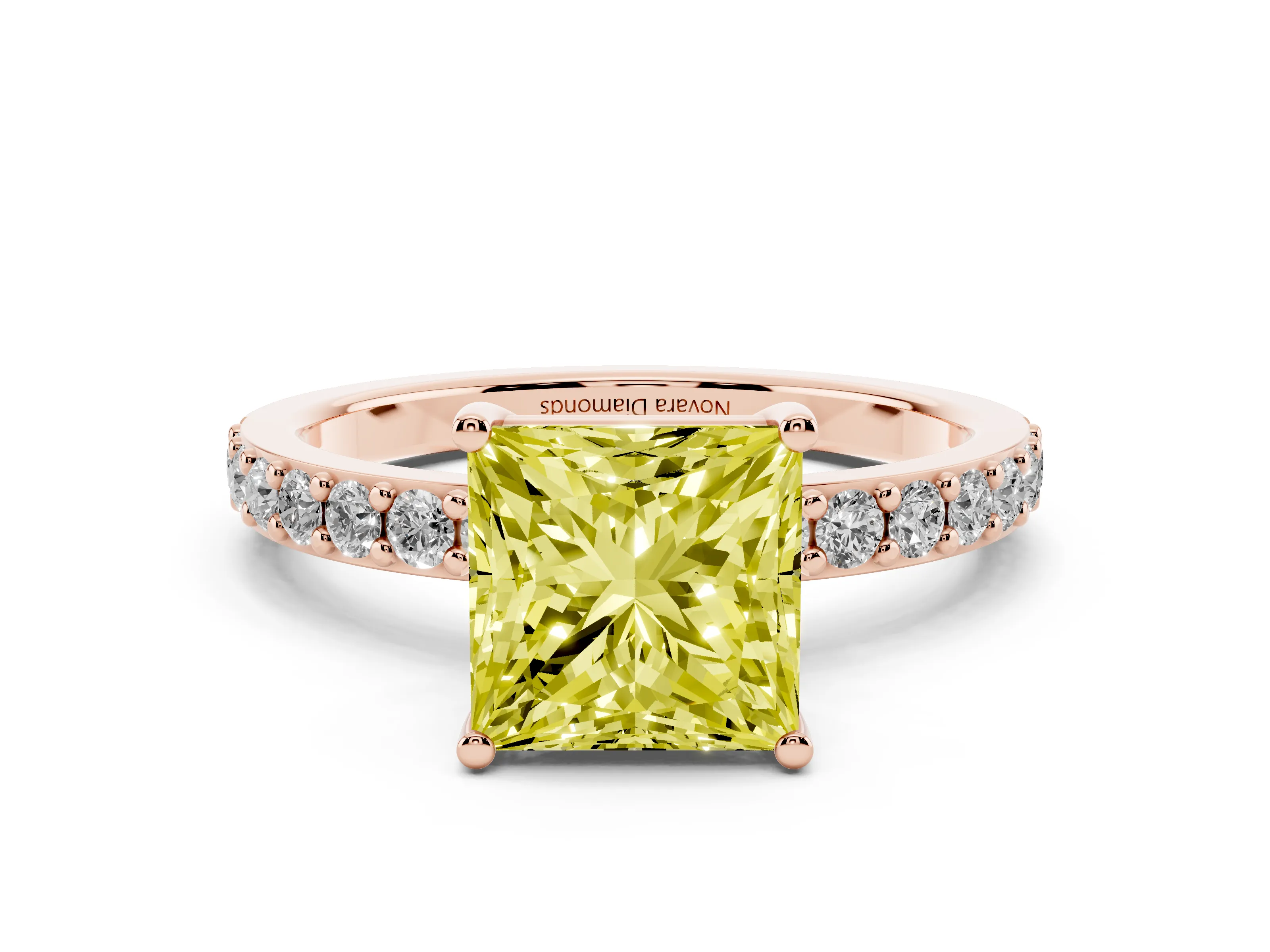 Fancy Yellow Princess Cut Diamond Solitaire Set in Rose gold with Round Pavé Band and Prong Setting