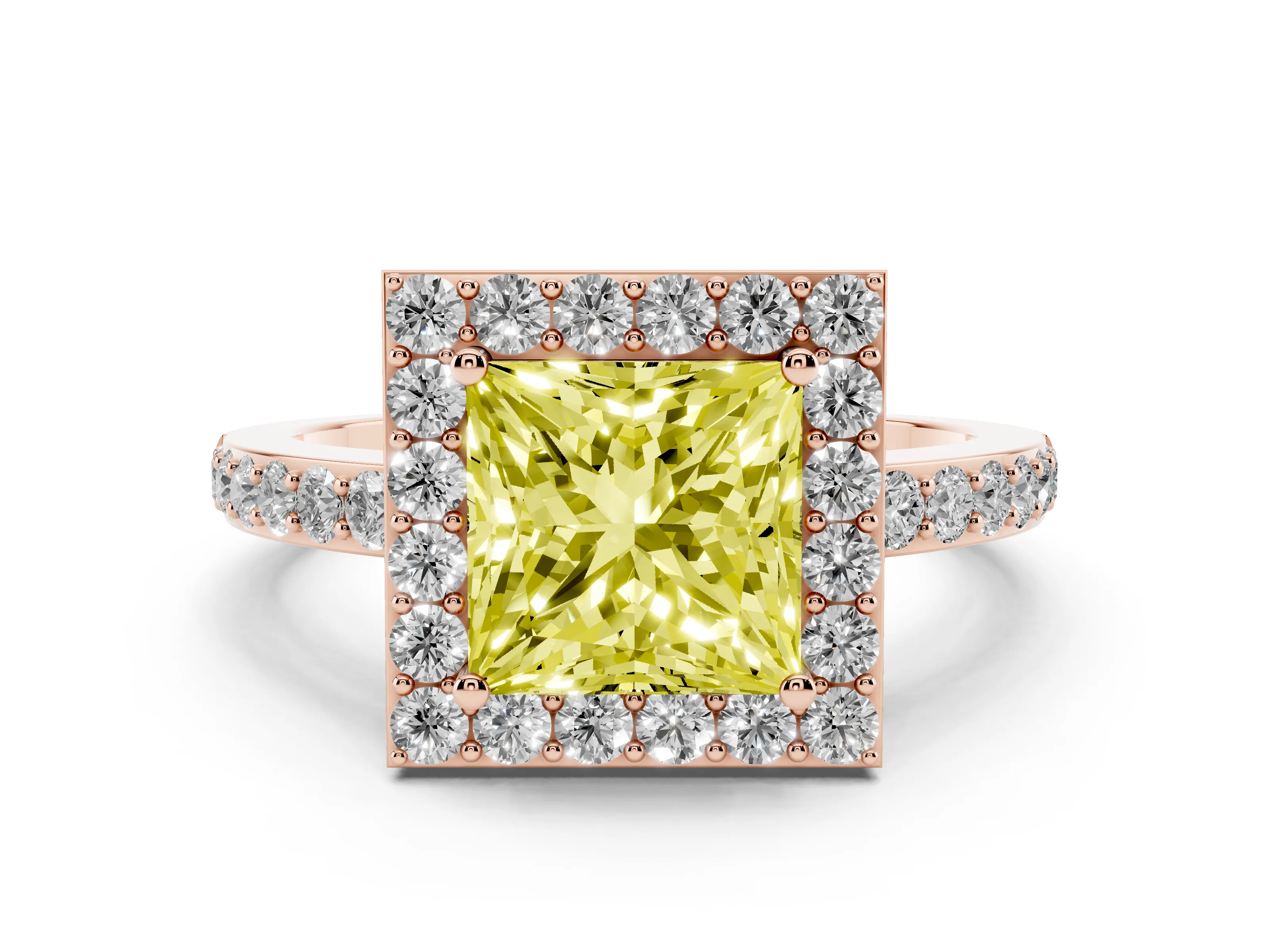 Fancy Yellow Princess Cut Diamond Halo Ring Set in Rose gold with Pavé-Setting Band and Open Prong Center