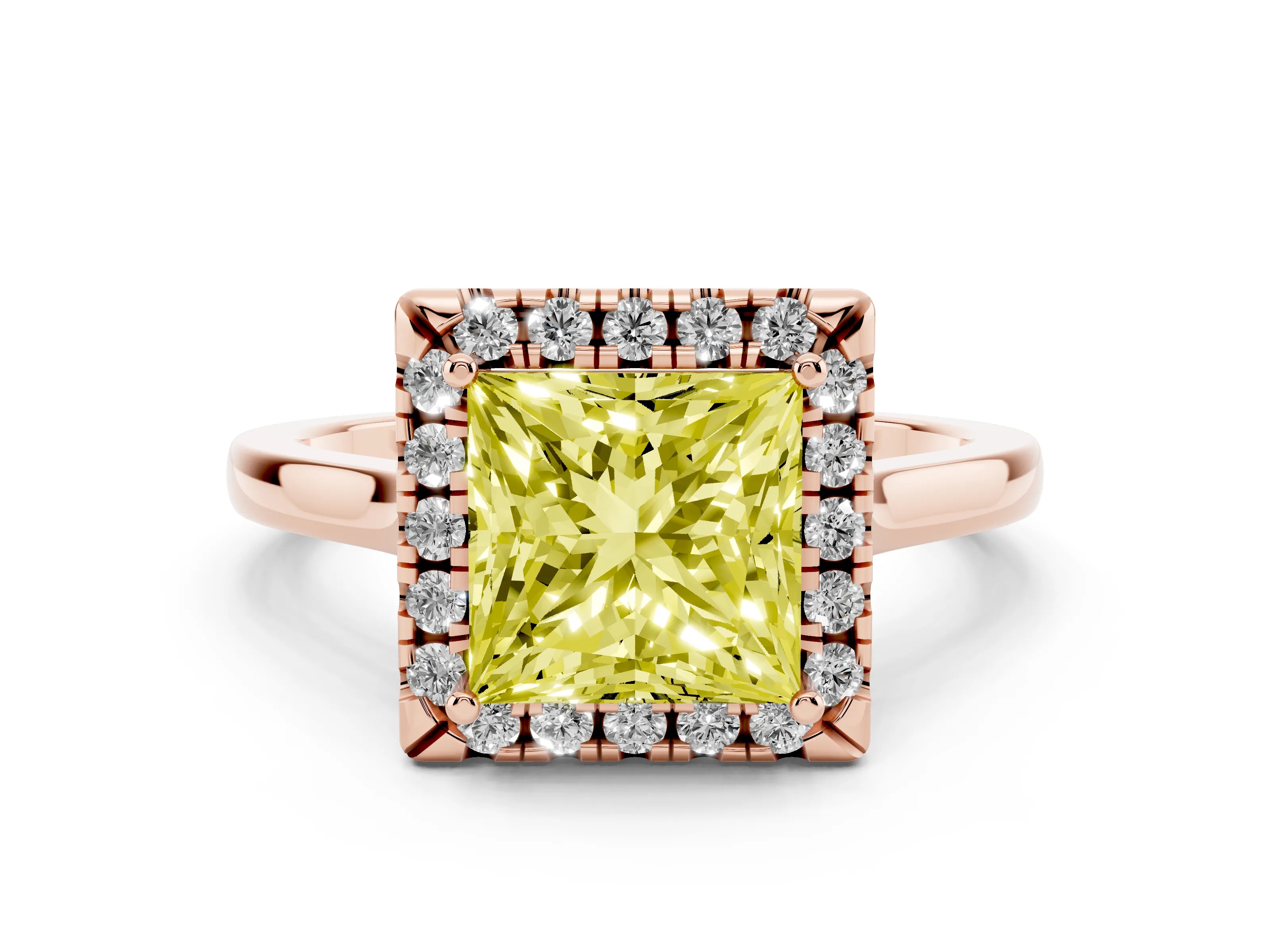 Fancy Yellow Princess Cut Halo Round Diamond Solitaire Ring Set in Rose gold with Pavé Band and Prong Setting