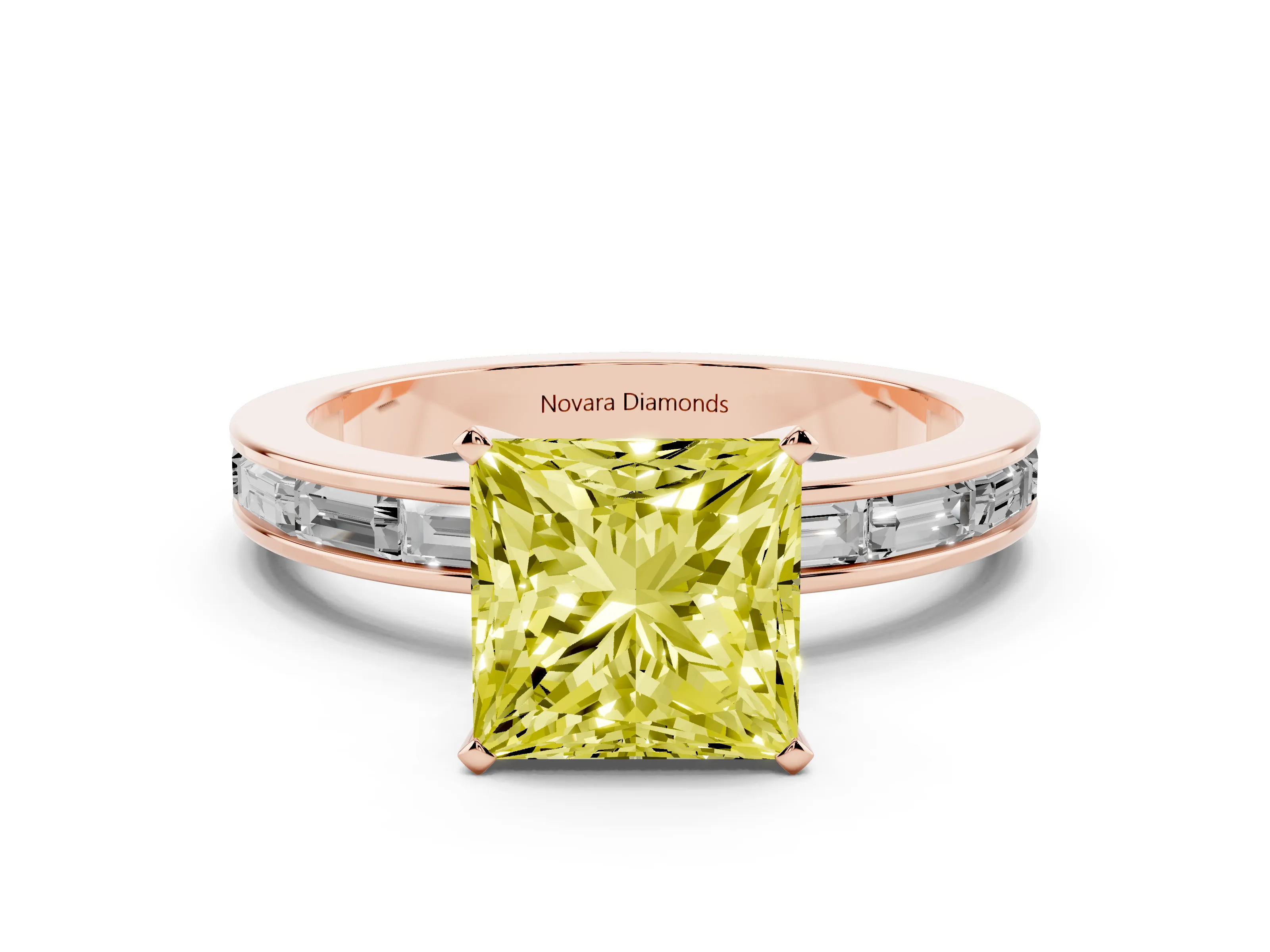 Fancy Yellow Princess Cut Diamond Solitaire Ring Set in Rose gold with Channel-Set Baguette Band and Prong Setting