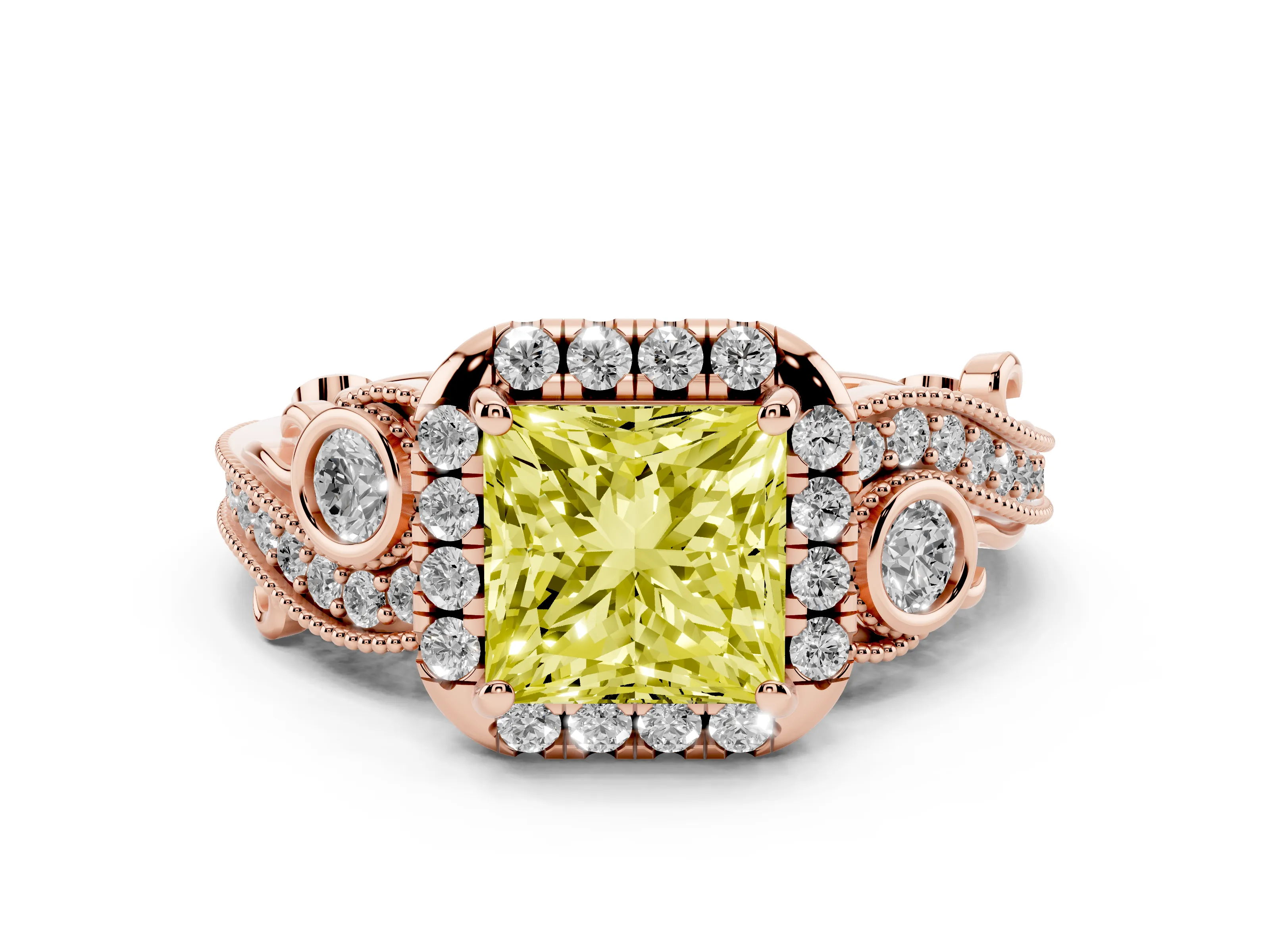 Fancy Yellow Princess Cut Diamond Halo Ring Set in Rose gold with Milgrain Pavé Band and Prong Setting