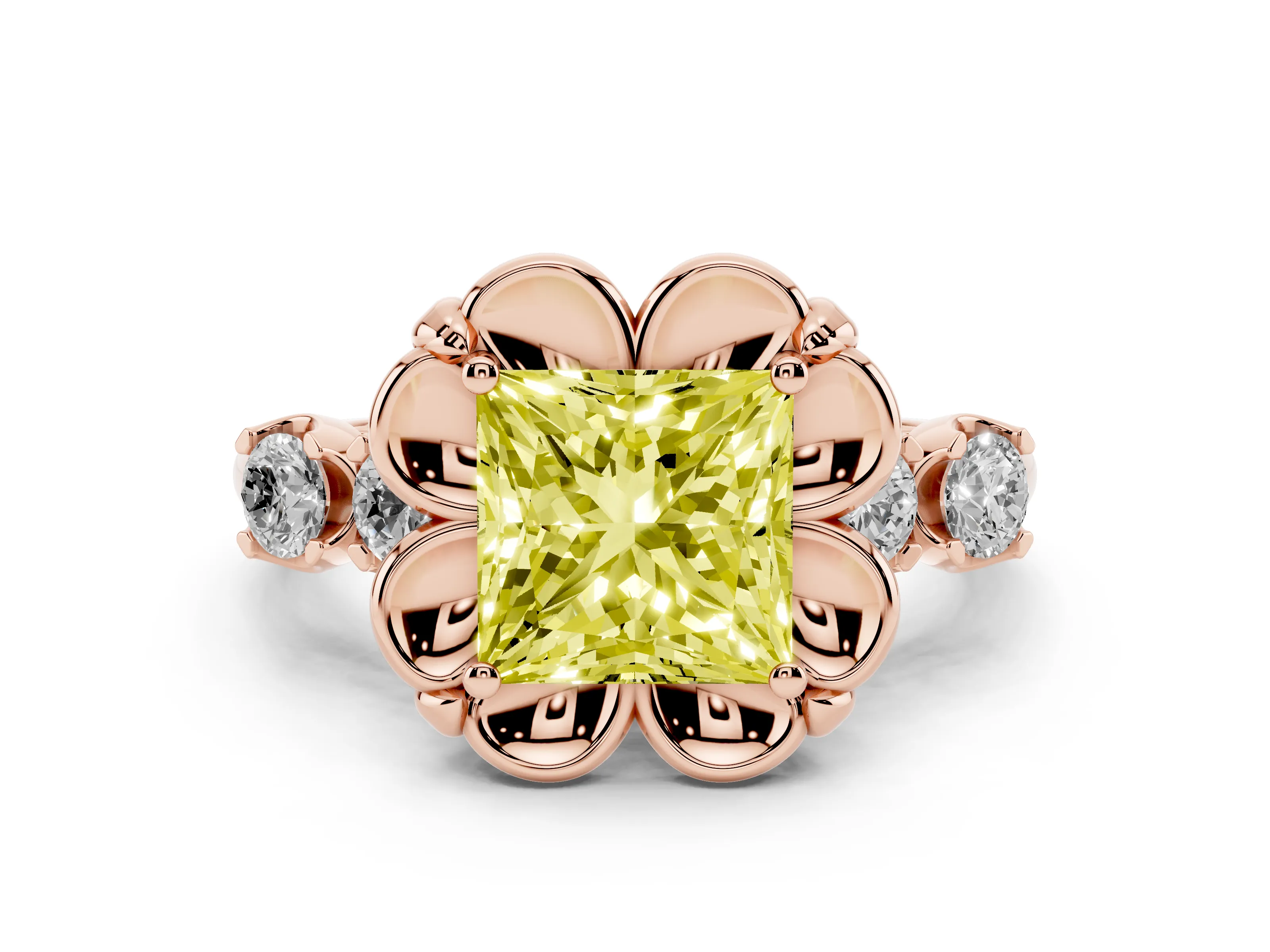 Fancy Yellow Princess Cut Diamond Floral Halo Ring Set in Rose gold with Shared Prong Band