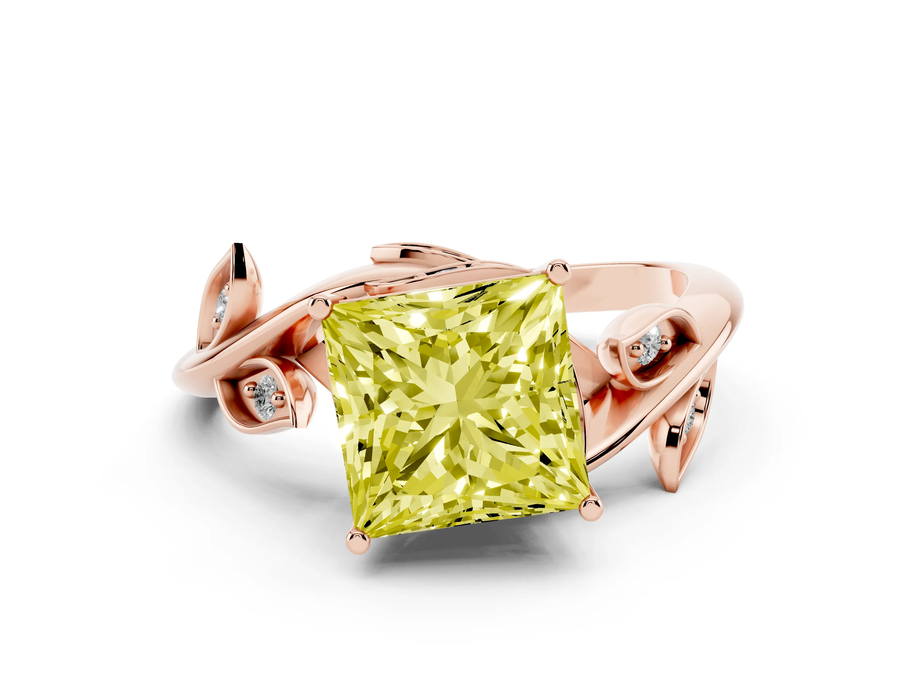 Fancy Yellow Princess Cut Diamond Solitaire Twist Engagement Ring Set in Rose gold with Pavé Leaf Accents