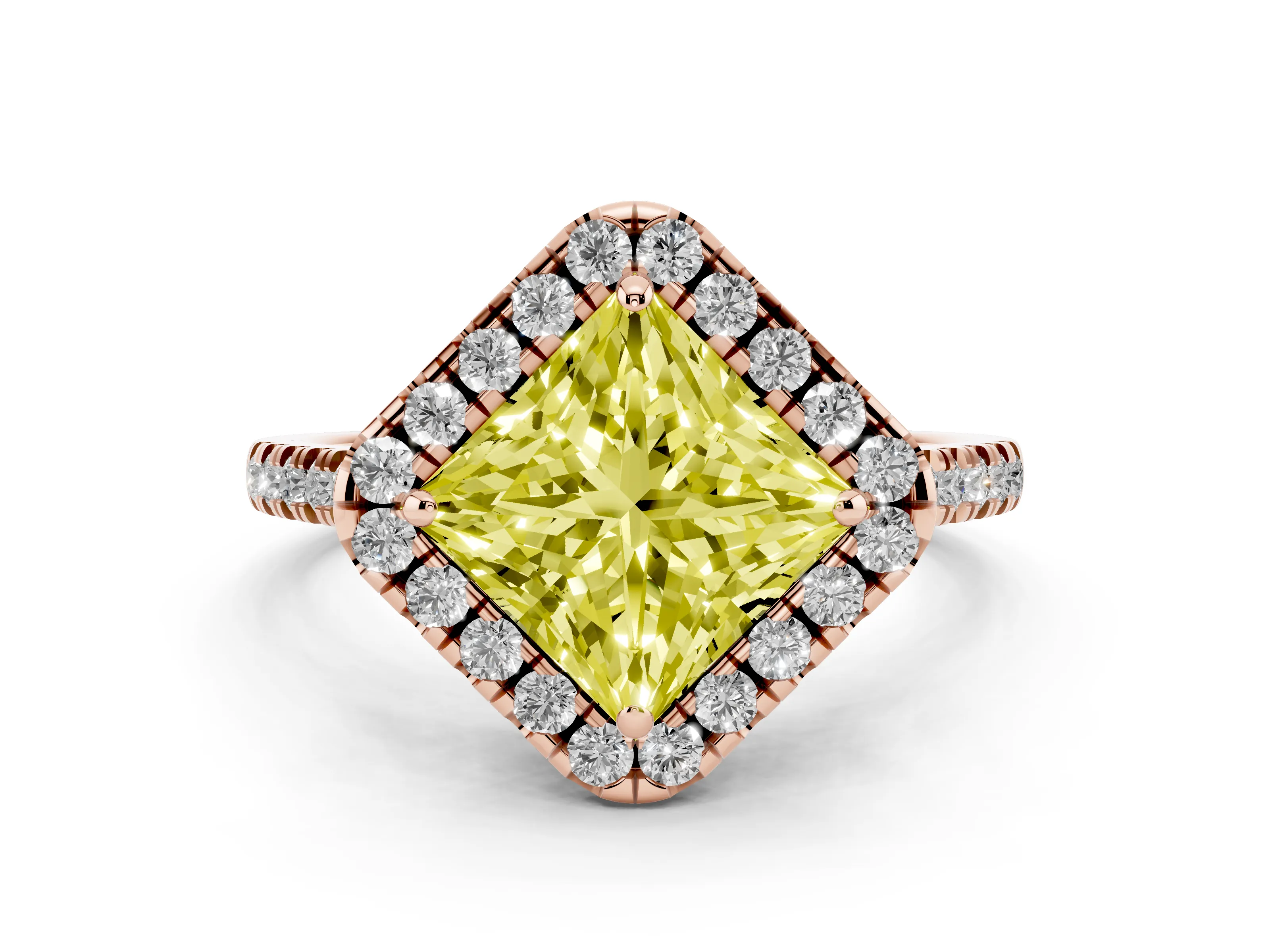 Fancy Yellow Princess Cut Diamond Cushion Halo Ring Set in Rose gold with Pavé Band