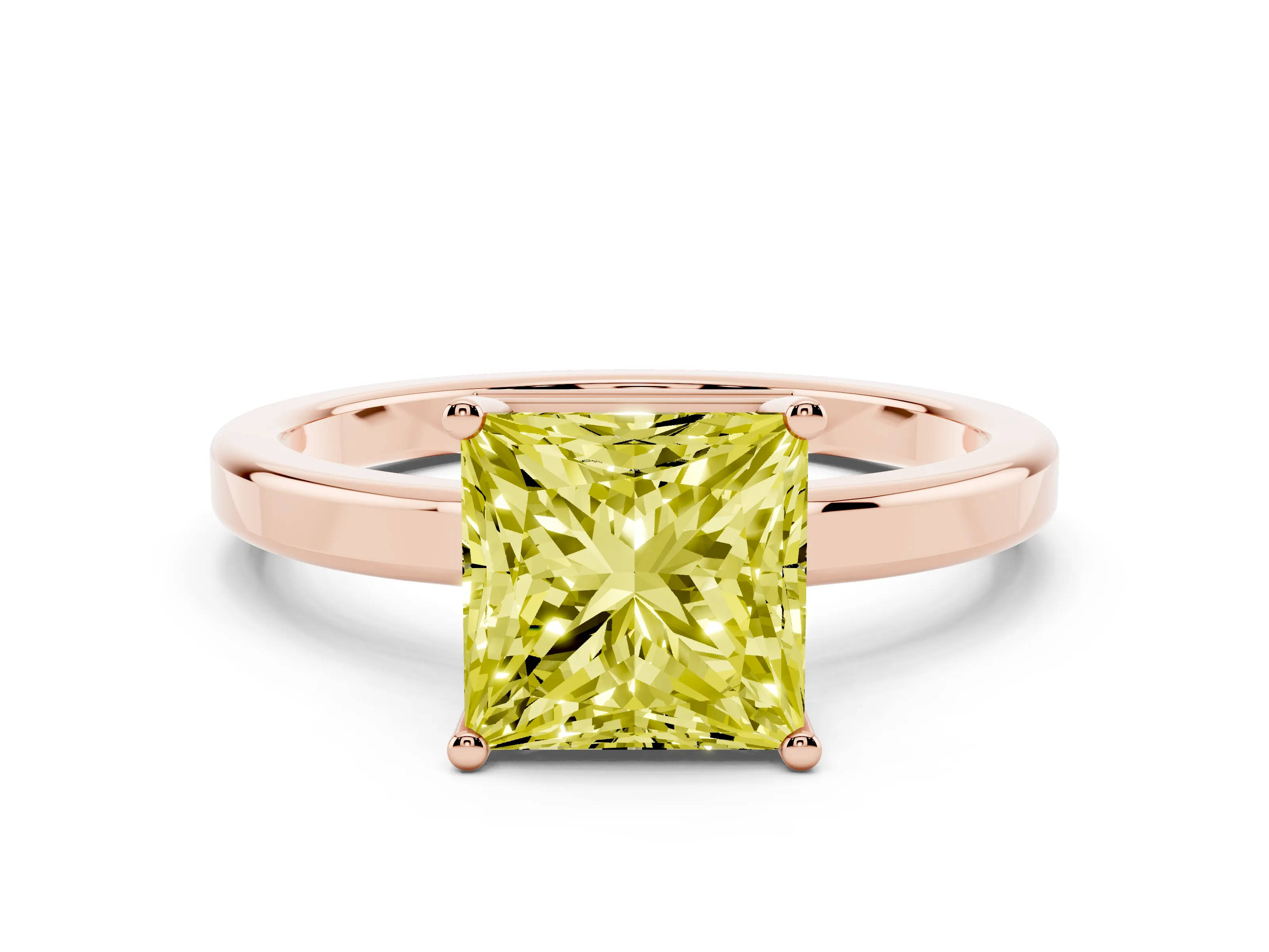 Fancy Yellow Princess Cut Diamond Solitaire Engagement Ring Set in Rose gold with Prong Setting on a Plain Band