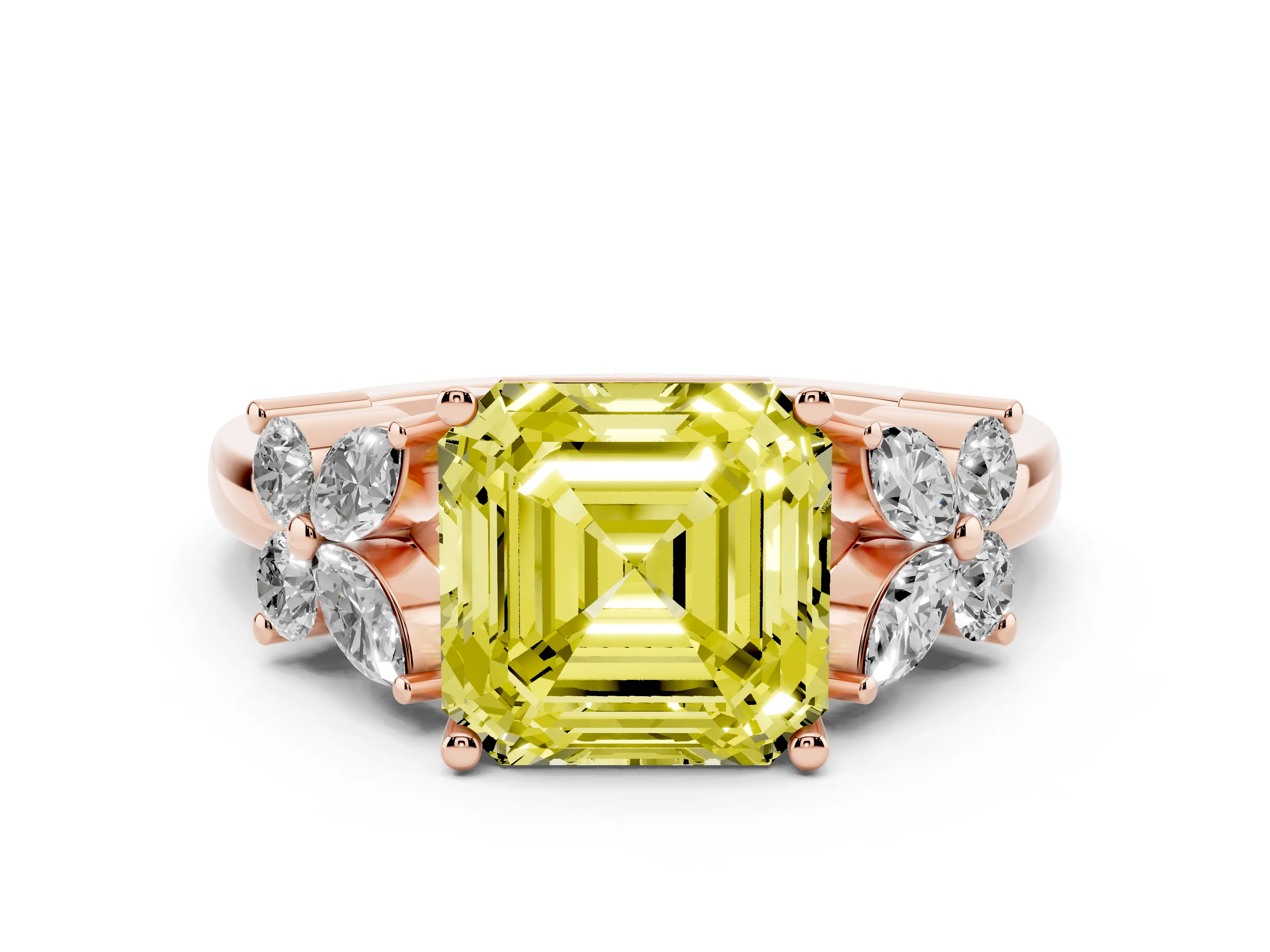 Fancy Yellow Princess Cut Diamond Floral Cluster Ring Set in Rose gold with Marquise Petals and Prong Setting