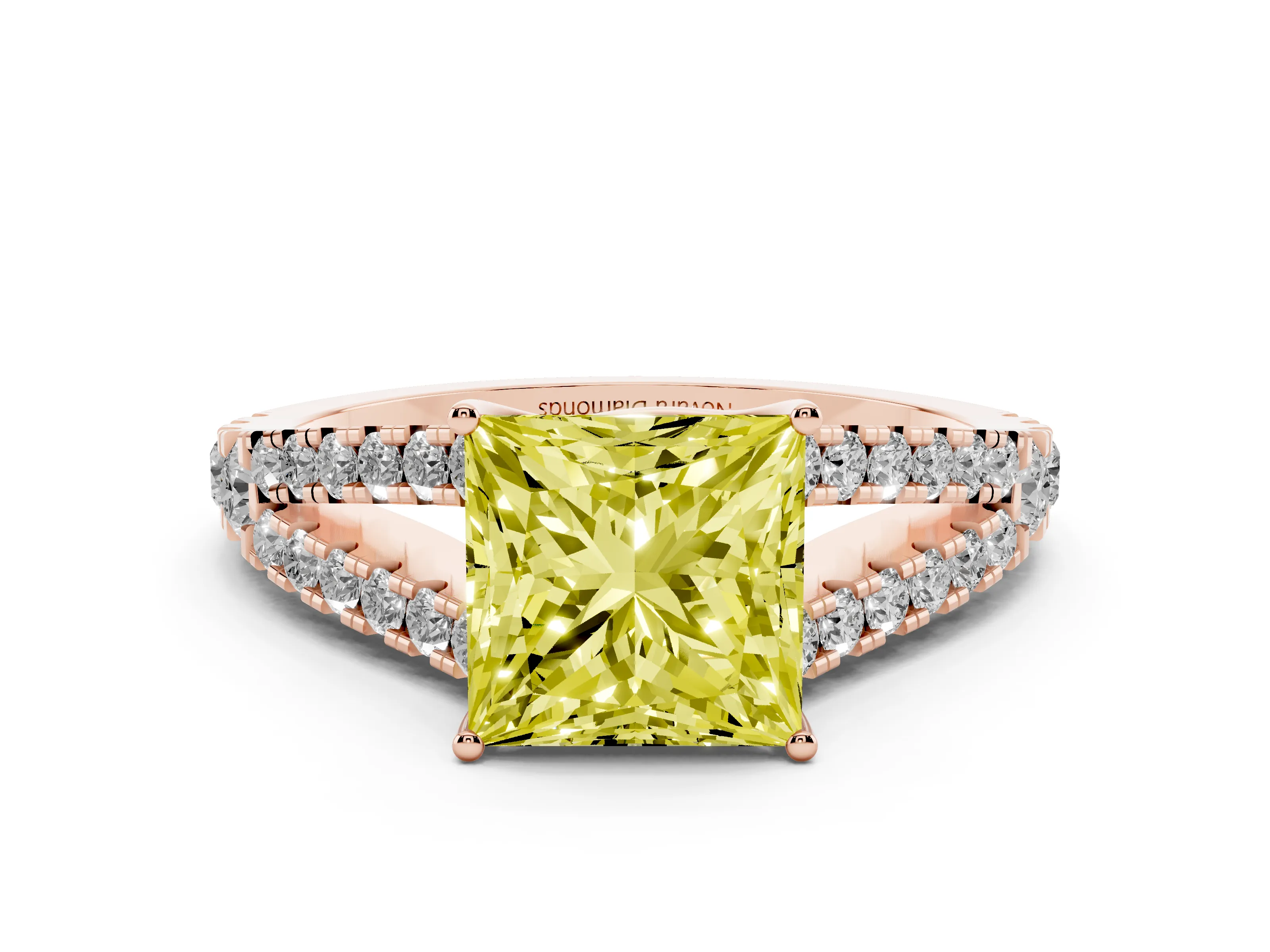 Fancy Yellow Princess Cut Diamond Split Shank Pavé Engagement Ring Set in Rose gold with Prong-Held Center Stone