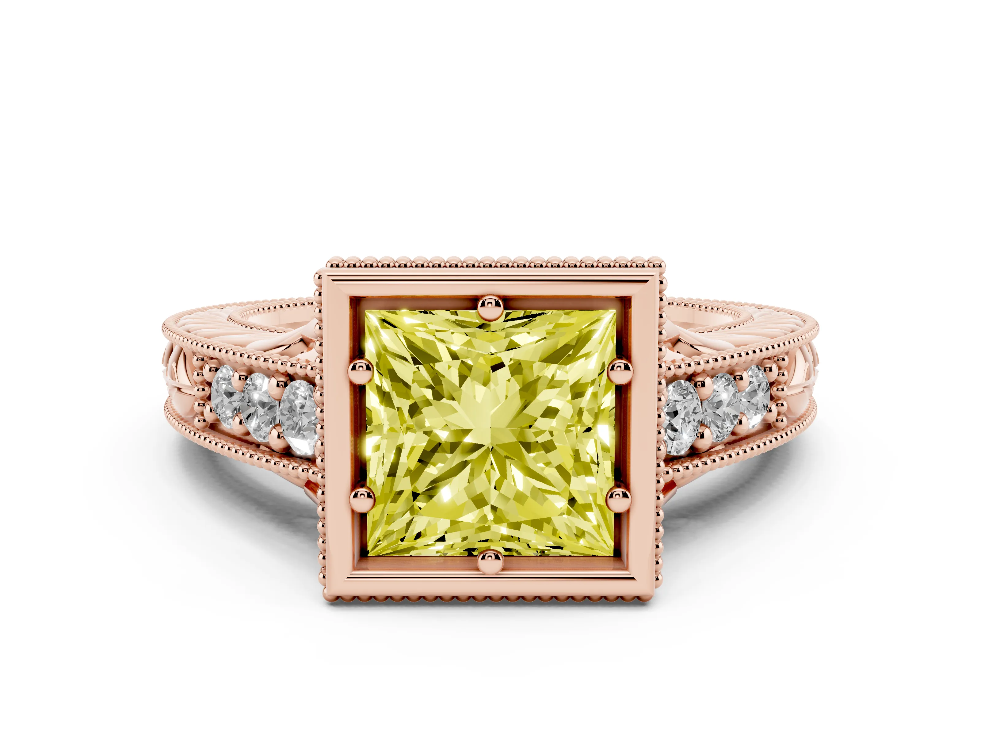 Fancy Yellow Bezel Set Princess Cut Diamond Milgrain Pavé Engagement Ring Set in Rose gold