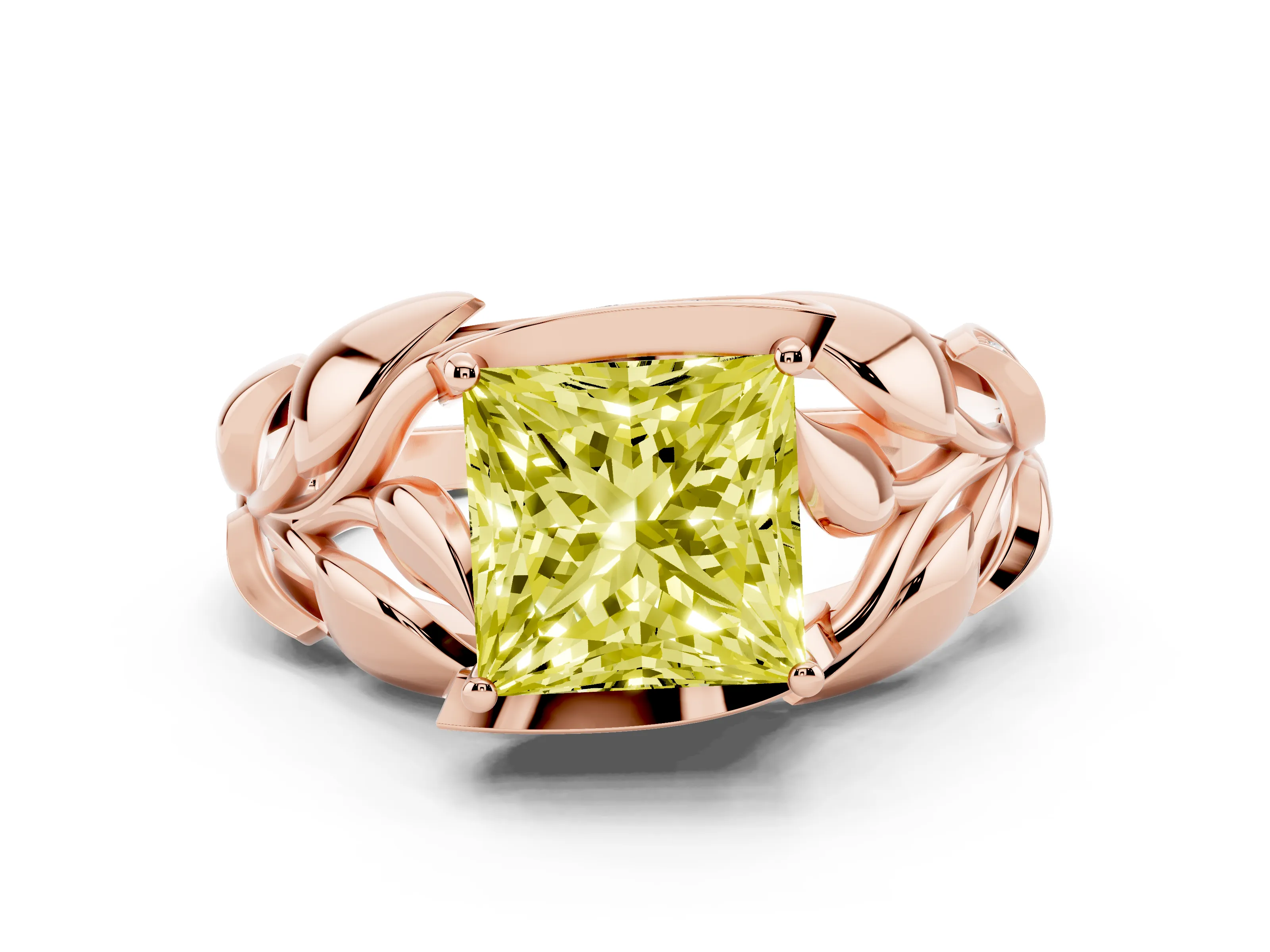 Fancy Yellow Princess Cut Diamond Leaf-Inspired Engagement Ring Set in Rose gold with Round Accents