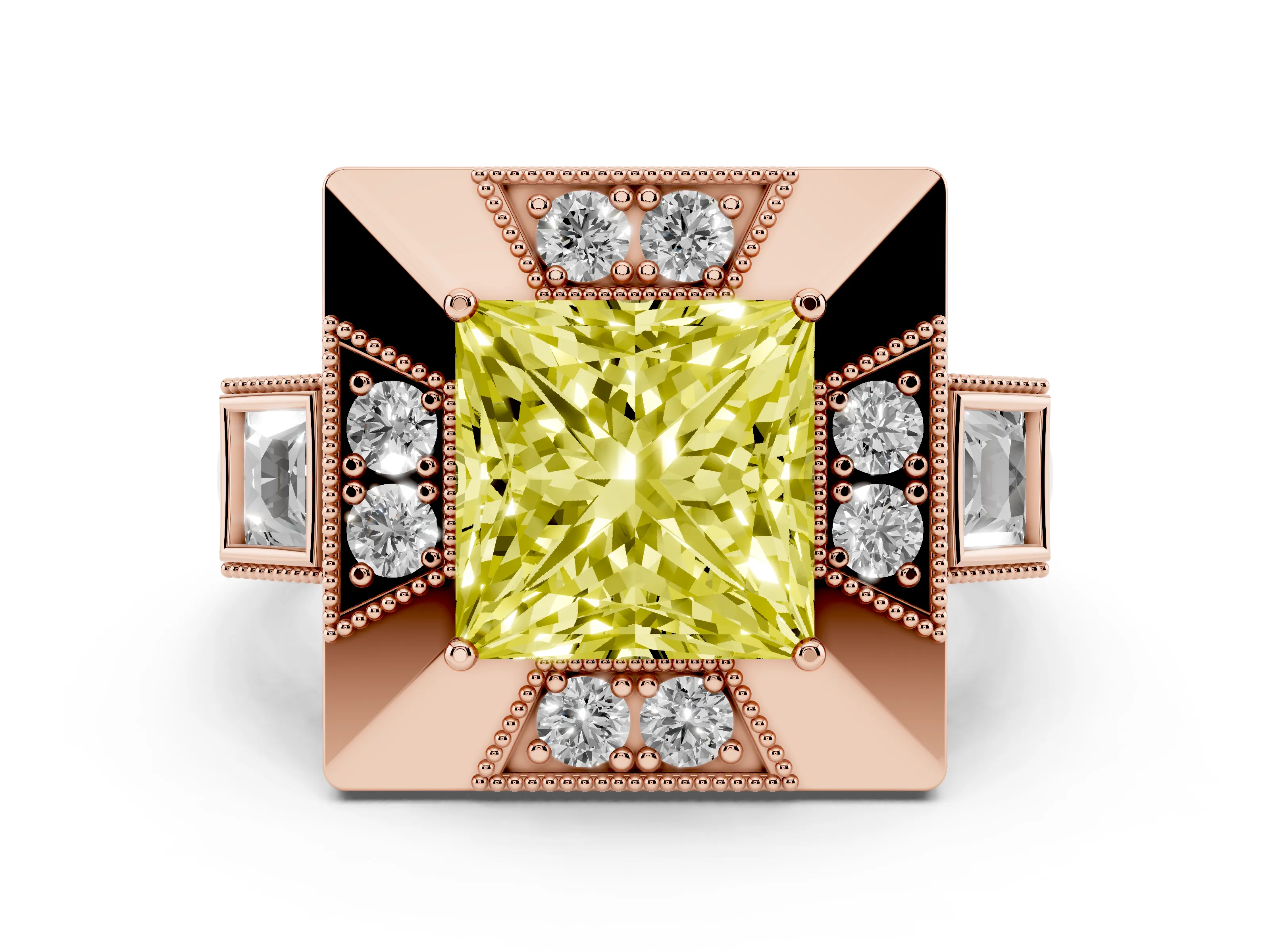 Fancy Yellow Princess Cut Diamond Milgrain Halo Ring Set in Rose gold with Split Shank