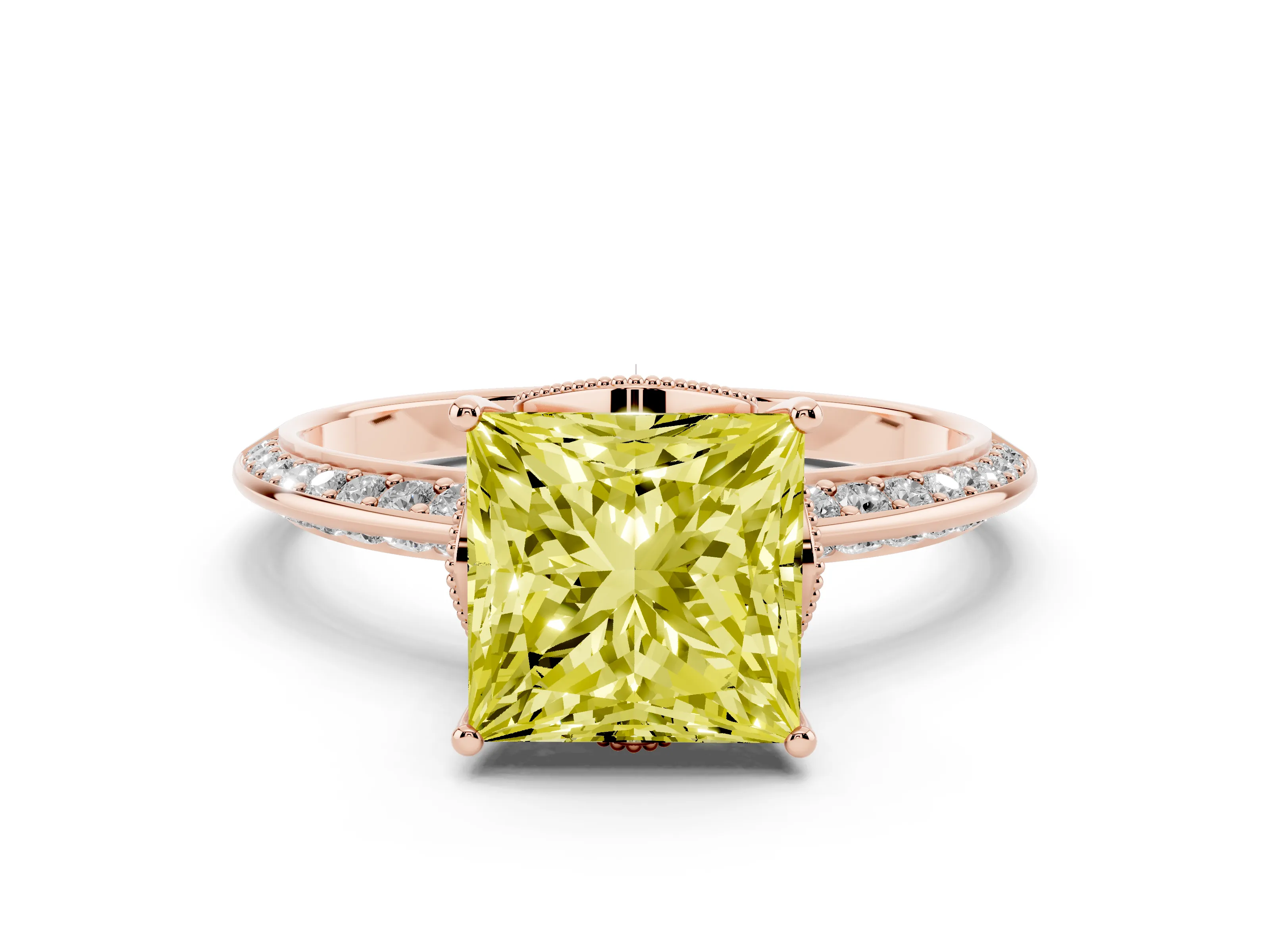 Fancy Yellow Princess Cut Diamond Solitaire Engagement Ring Set in Rose gold with Pavé Split Shank and Prong Setting