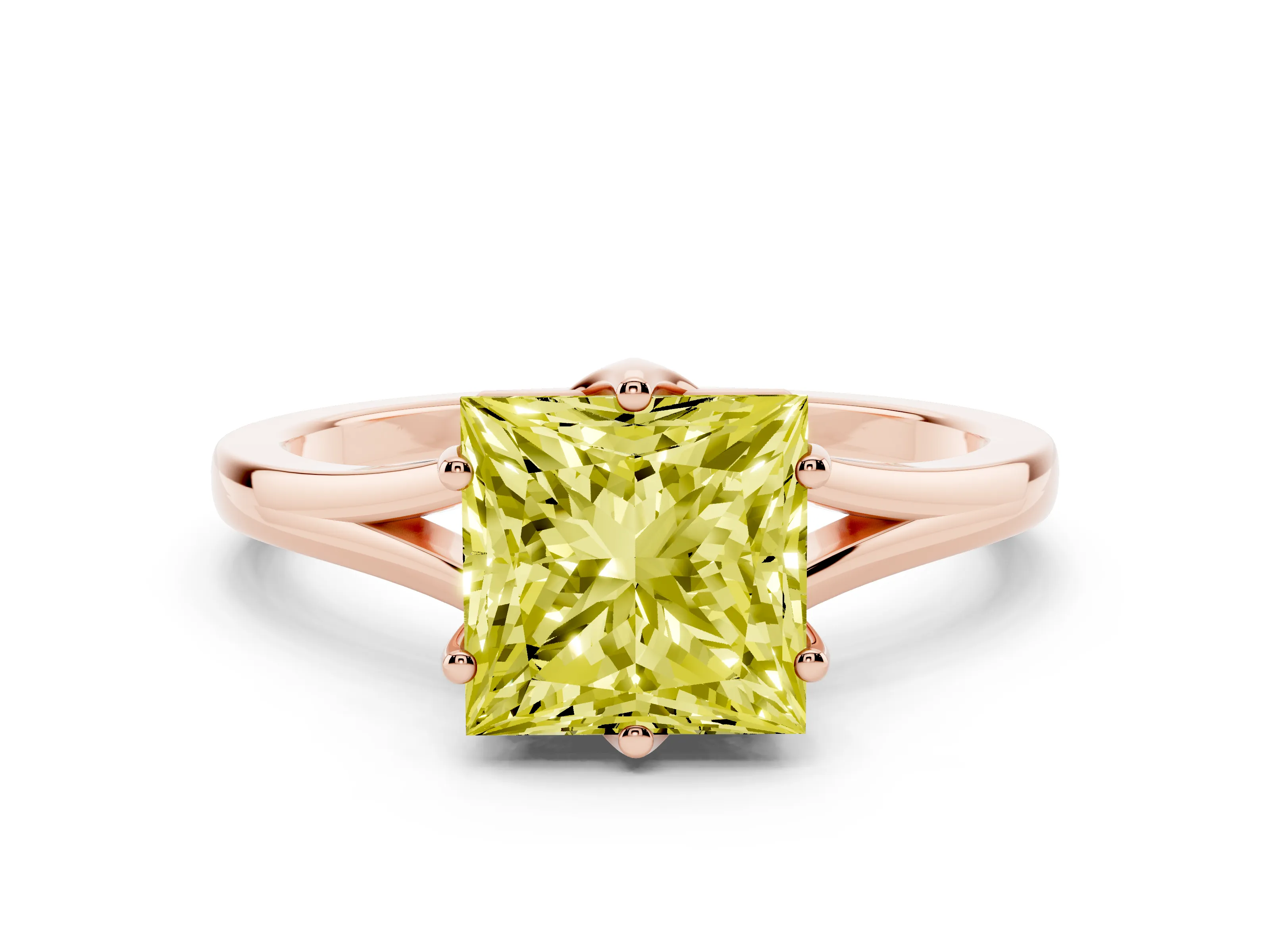 Fancy Yellow Princess Cut Diamond Solitaire Ring Set in Rose gold with Polished Tapered Band and Prong Setting