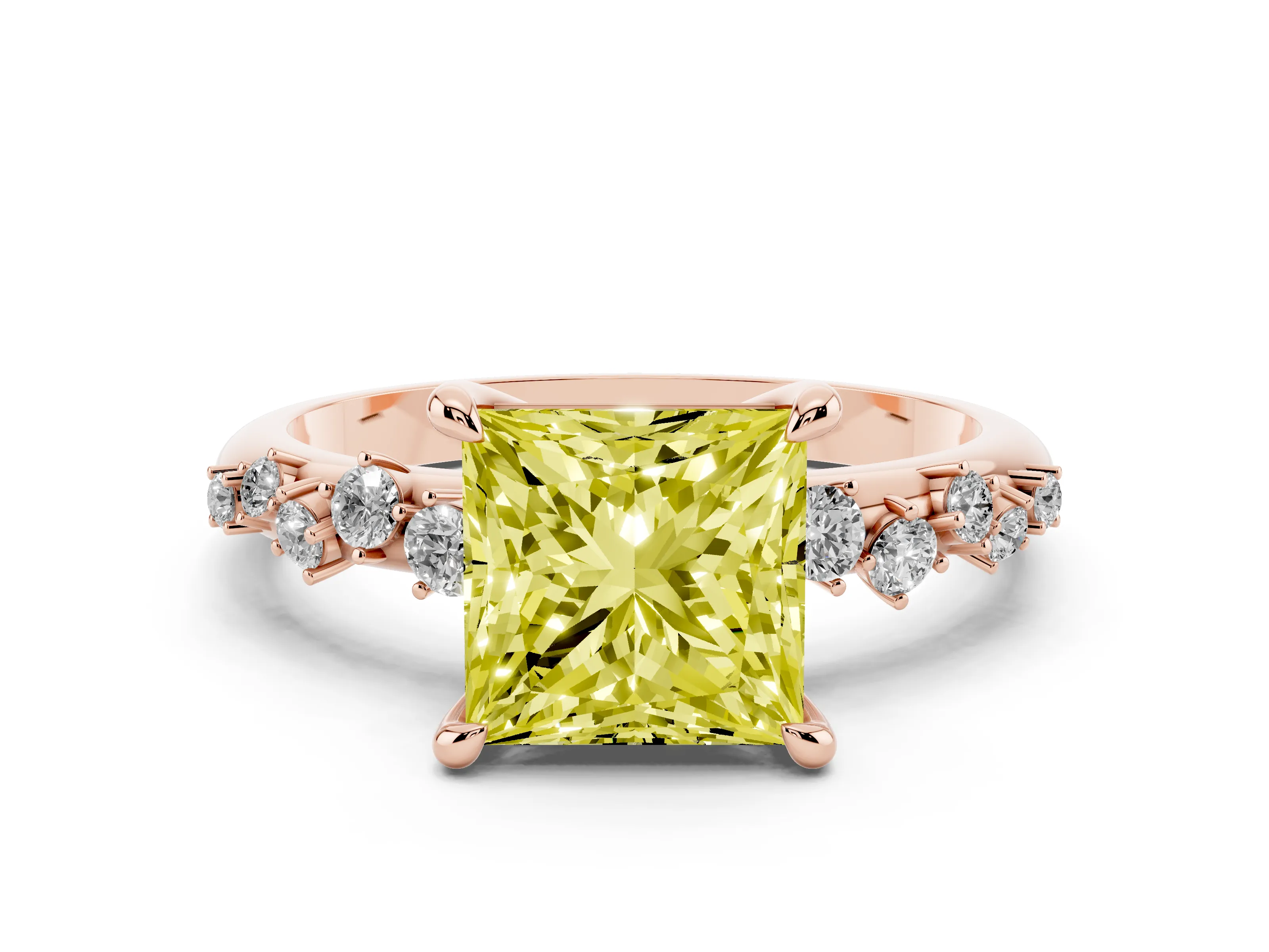 Fancy Yellow Princess Cut Diamond Solitaire Vine Band Ring Set in Rose gold with Round Accents and Prong Setting