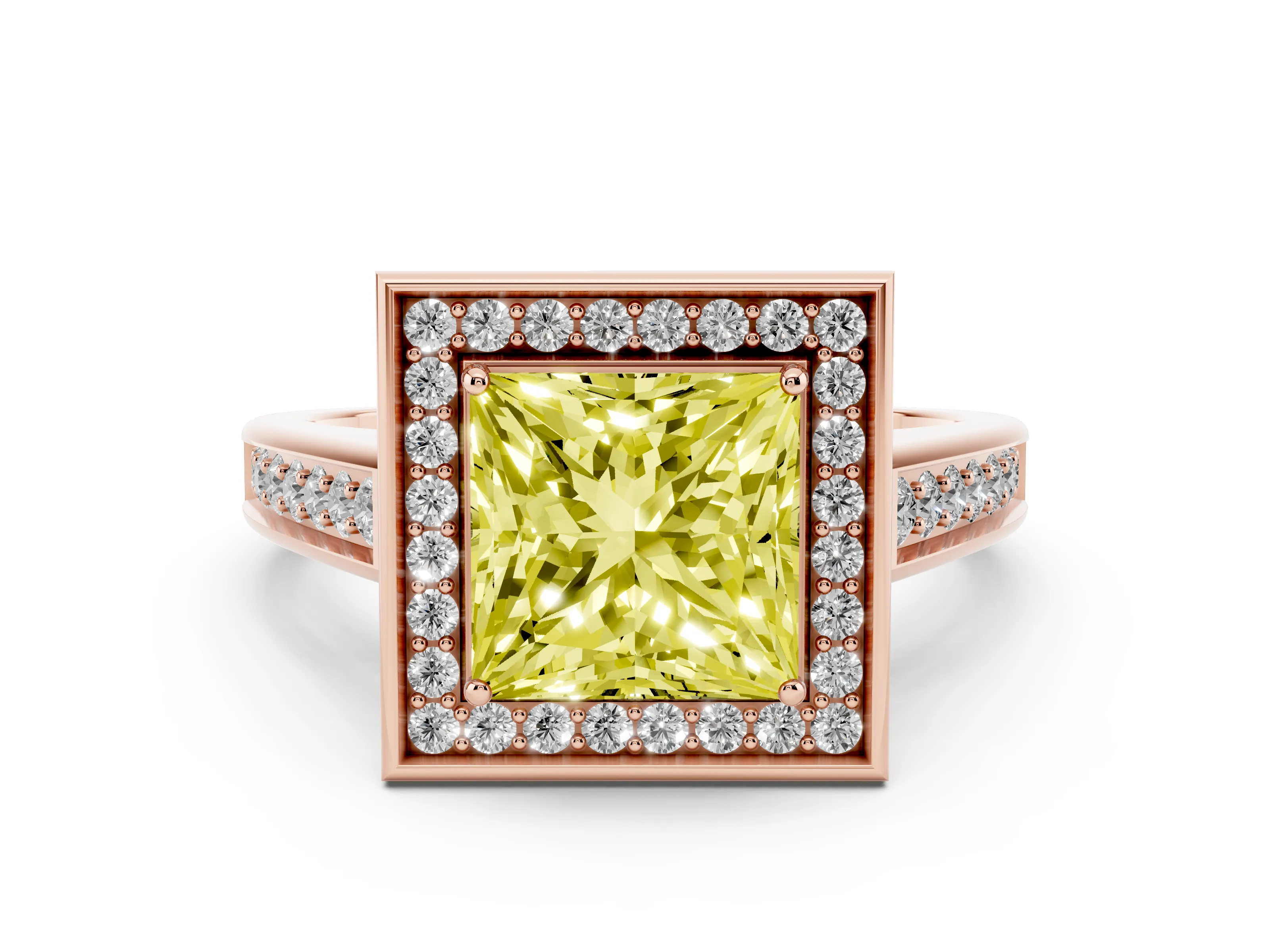 Fancy Yellow Princess Cut Diamond Halo Solitaire Ring Set in Rose gold with Pavé Band and Bezel Setting