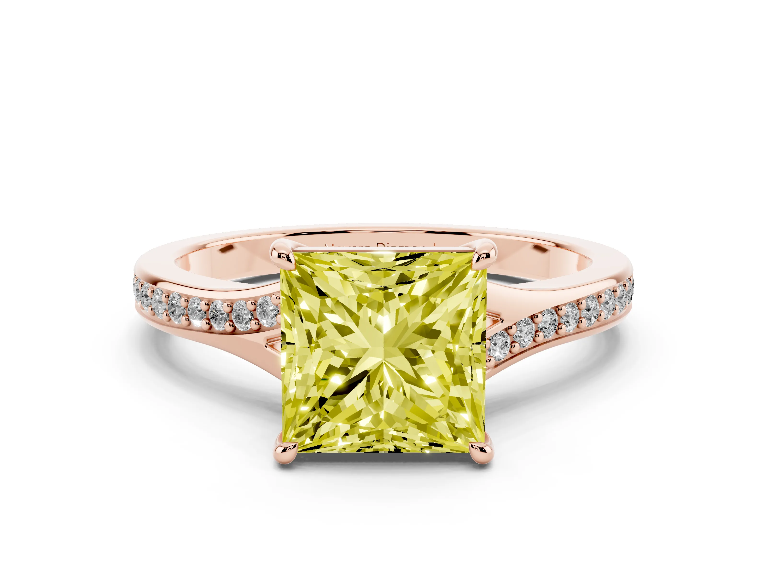 Fancy Yellow Princess Cut Diamond Solitaire Ring Set in Rose gold with Pavé Accent Band and Classic Prong Setting