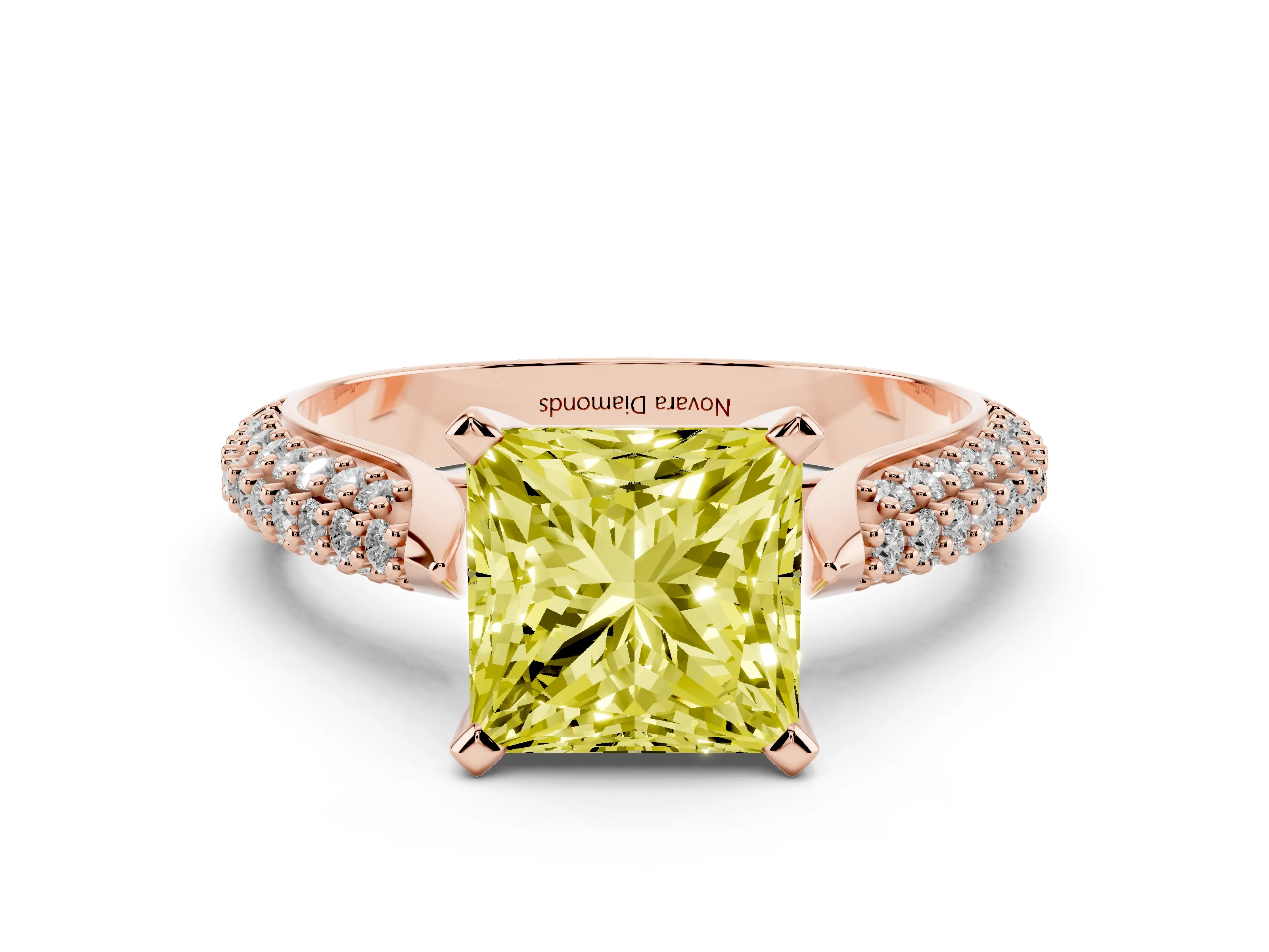 Fancy Yellow Princess Cut Diamond Solitaire Engagement Ring Set in Rose gold with Multi-Row Round Pavé Band and Prong Setting