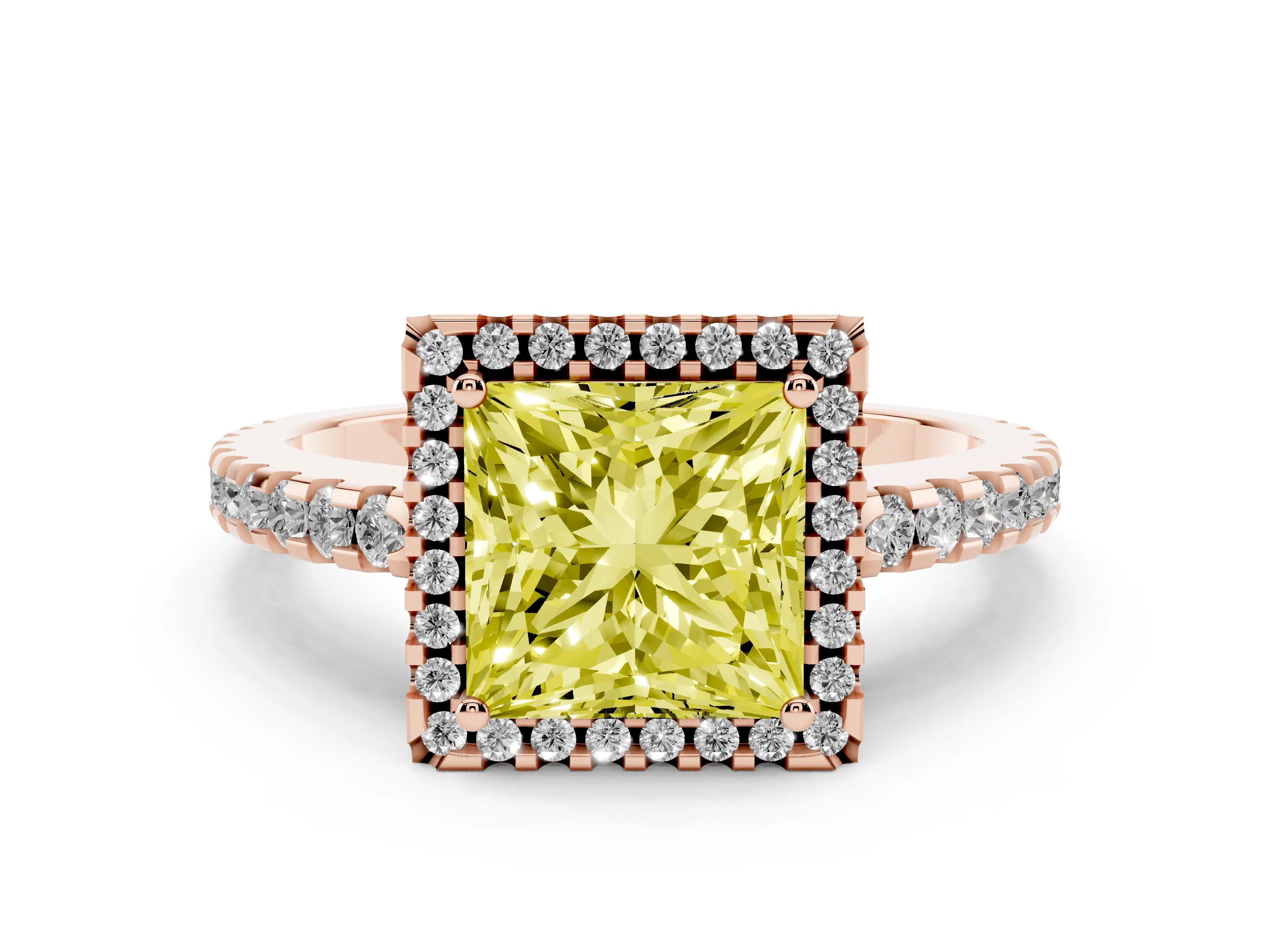Fancy Yellow Princess Cut Diamond Halo Ring Set in Rose gold with Pavé Shoulders and Halo-Framed Center