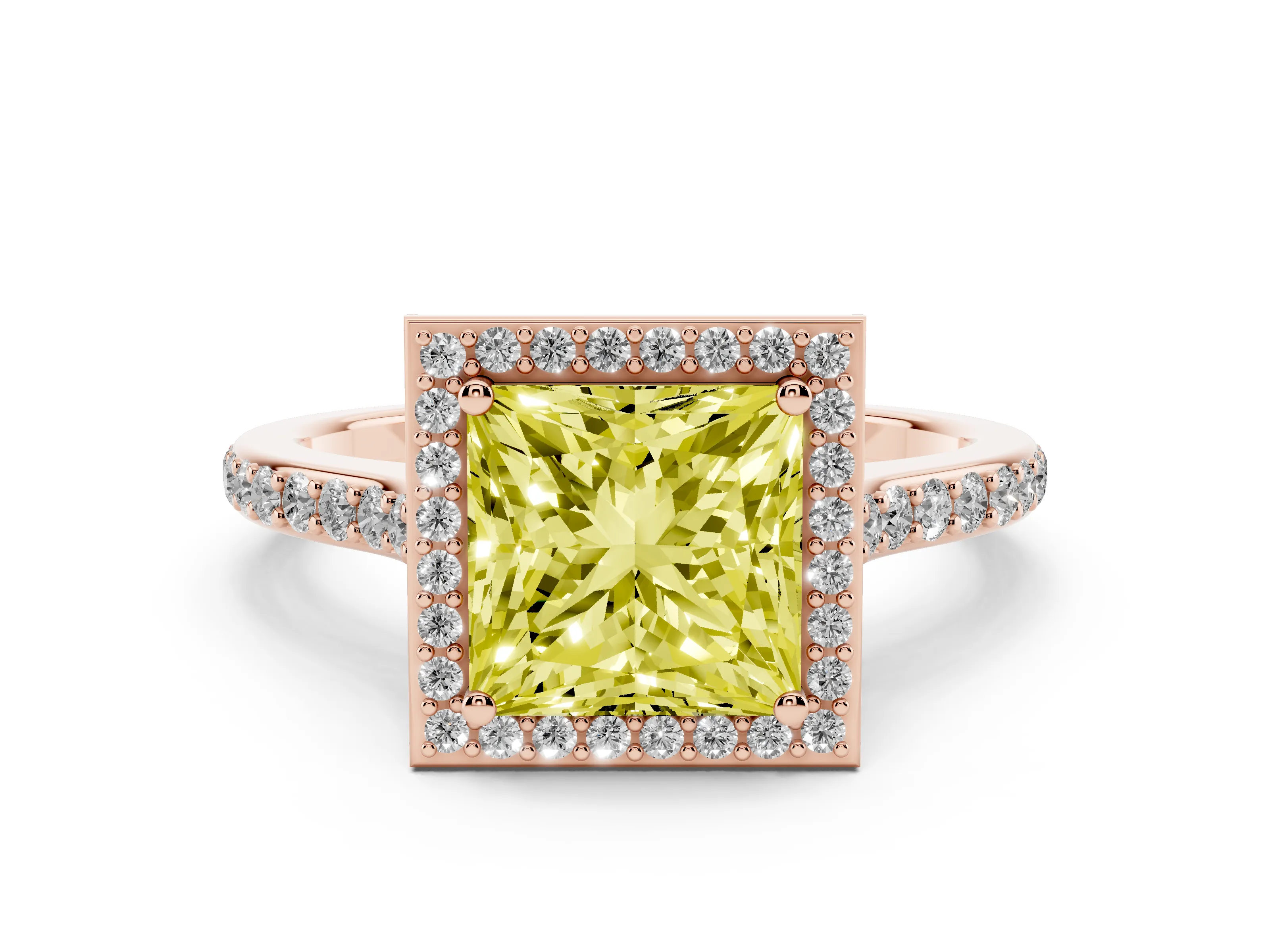 Fancy Yellow Princess Cut Diamond Halo Engagement Ring Set in Rose gold with Round Pavé Shoulders and Heart Gallery
