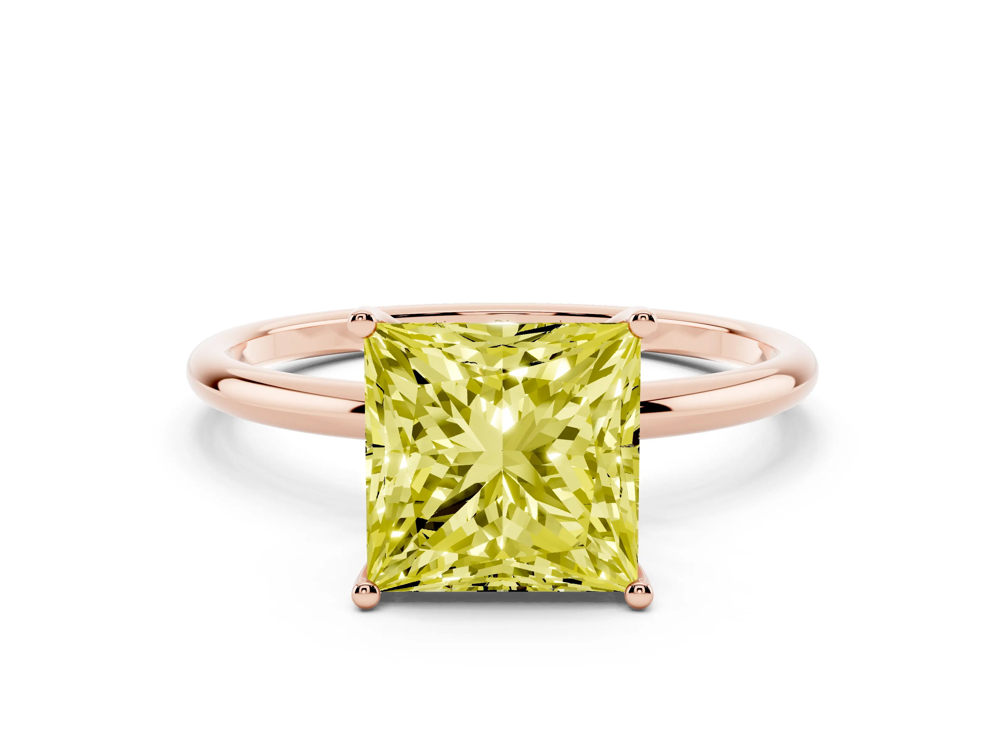 Fancy Yellow Princess Cut Diamond Solitaire Engagement Ring Set in Rose gold with Thin Band and Prong Setting