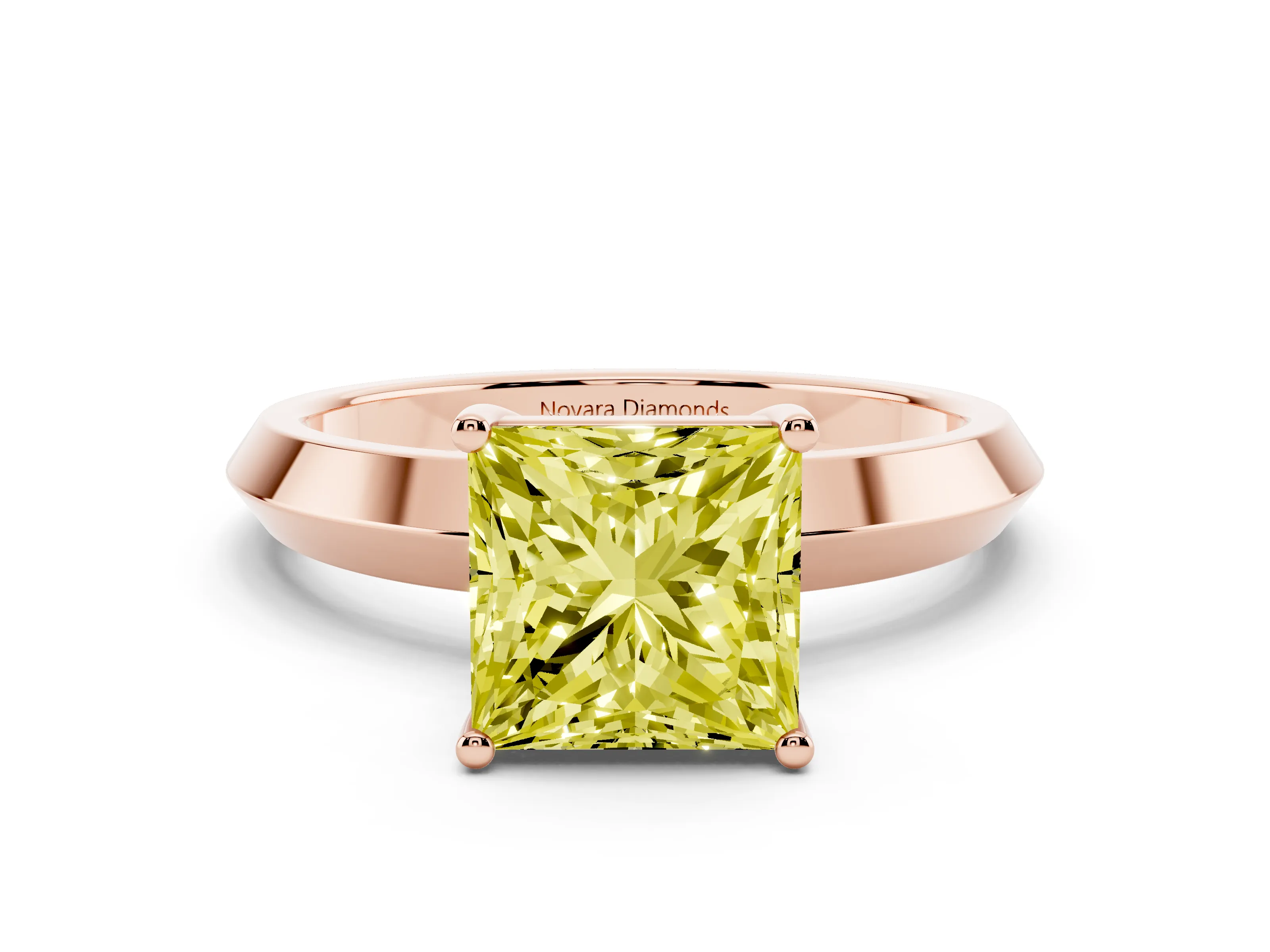 Fancy Yellow Princess Cut Diamond Solitaire Engagement Ring Set in Rose gold with Flat Band and Prong Setting