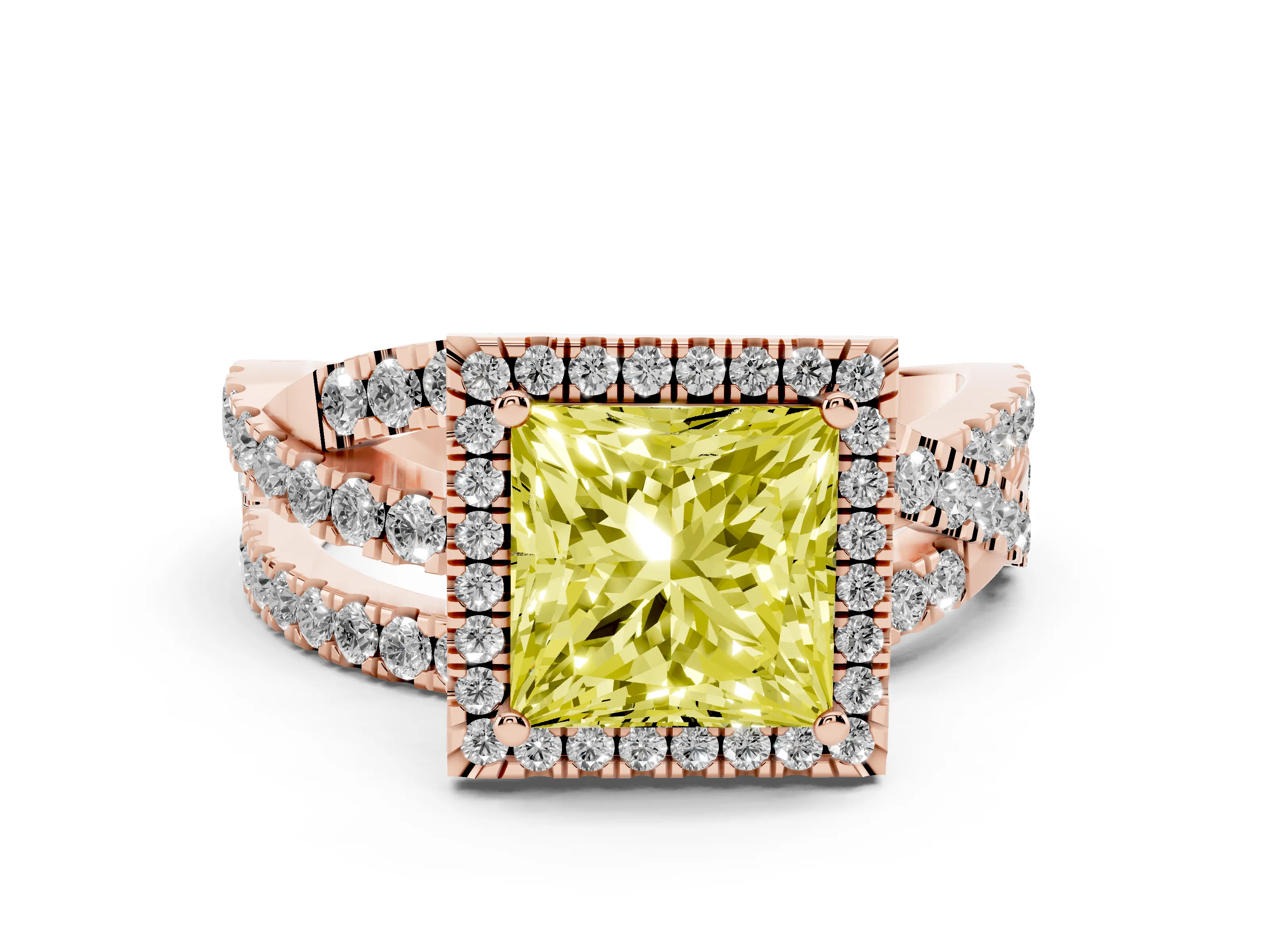 Fancy Yellow Princess Cut Diamond Halo Ring Set in Rose gold with Round Crossover Split Shank and Prong Setting