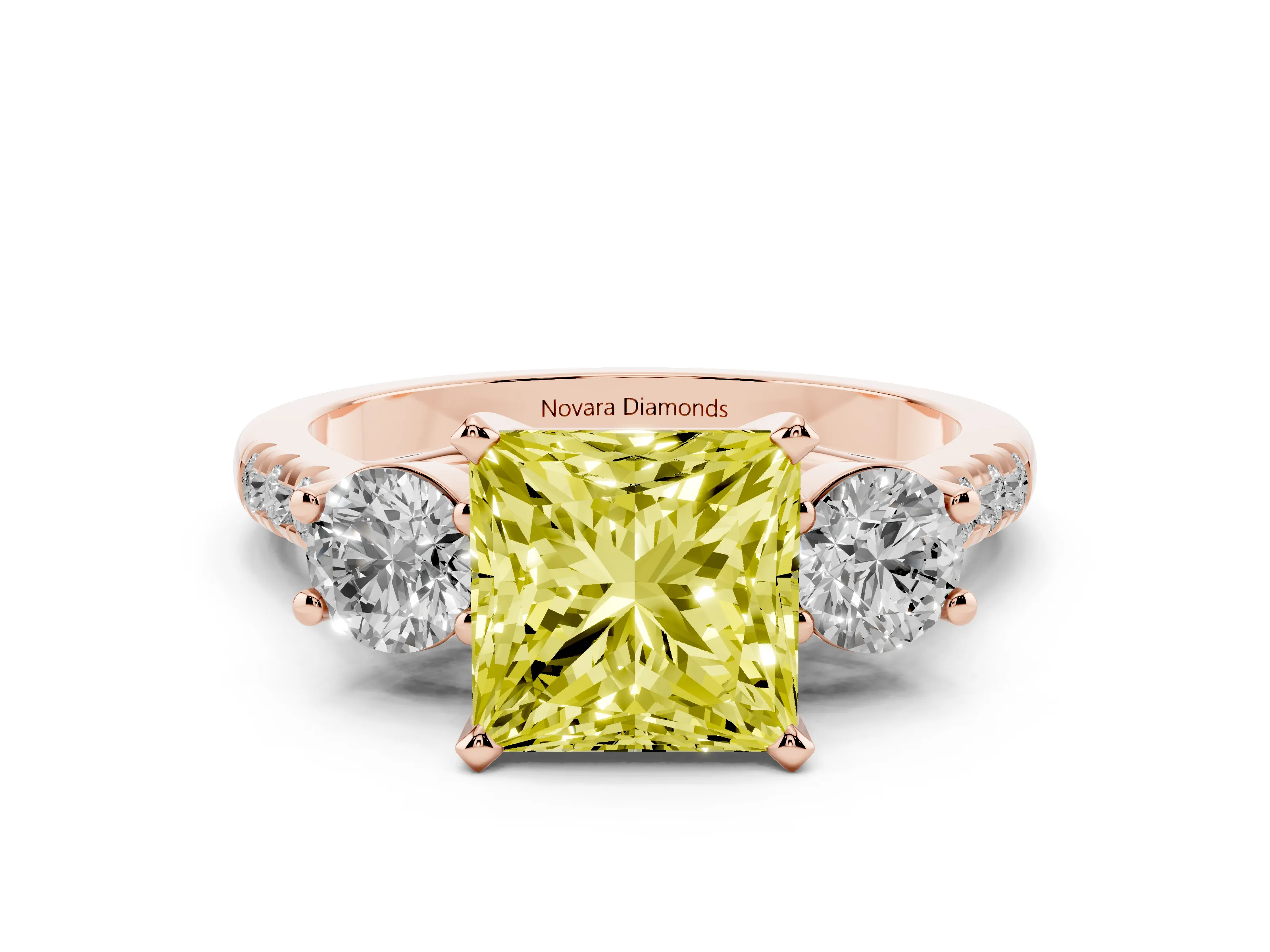 Fancy Yellow Three-Stone Princess Cut Diamond Pavé Band Ring Set in Rose gold with Prong-Set Trio