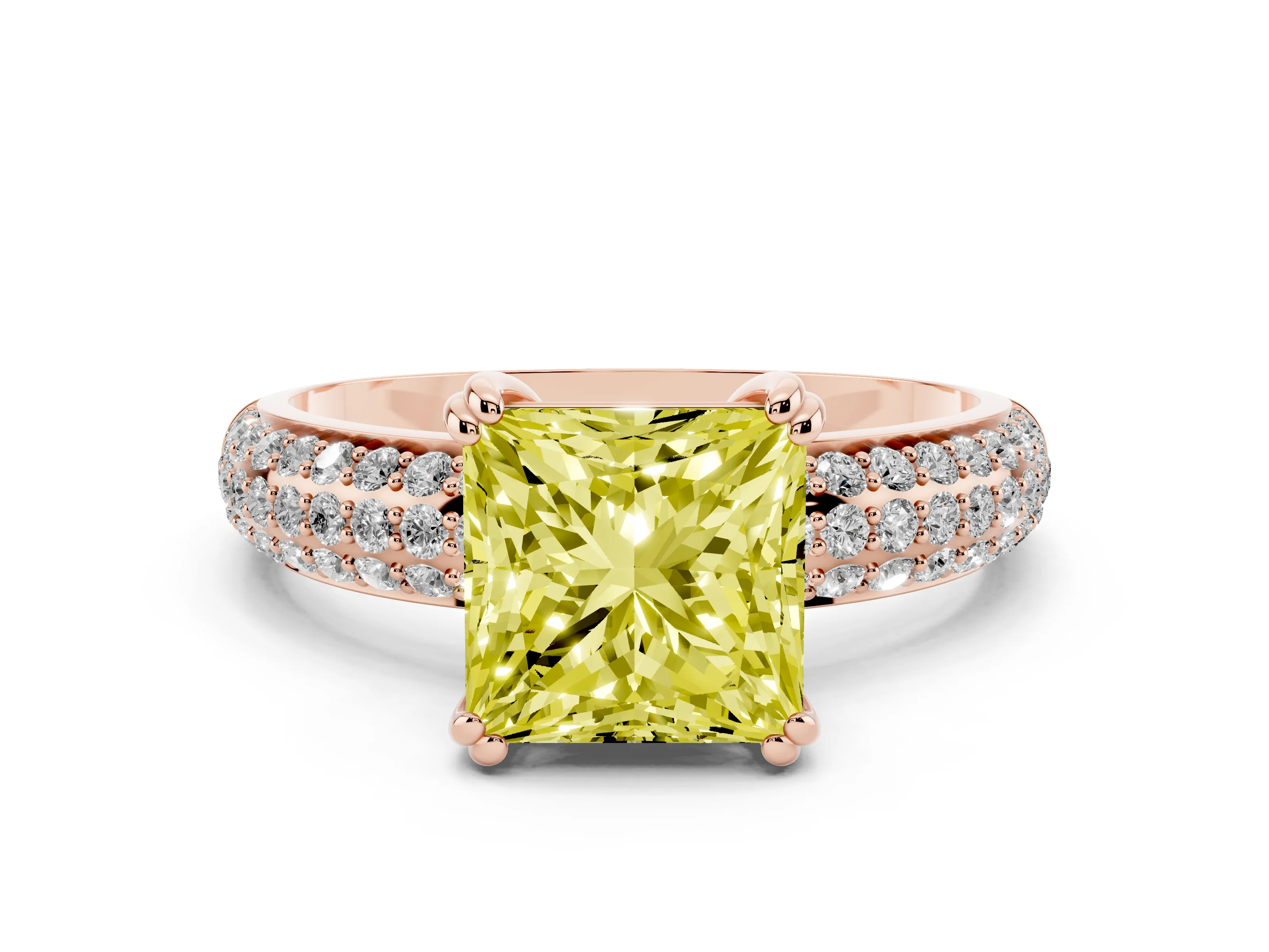 Fancy Yellow Princess Cut Diamond Solitaire Ring Set in Rose gold with Multi-Row Round Pavé Band and Prong Setting