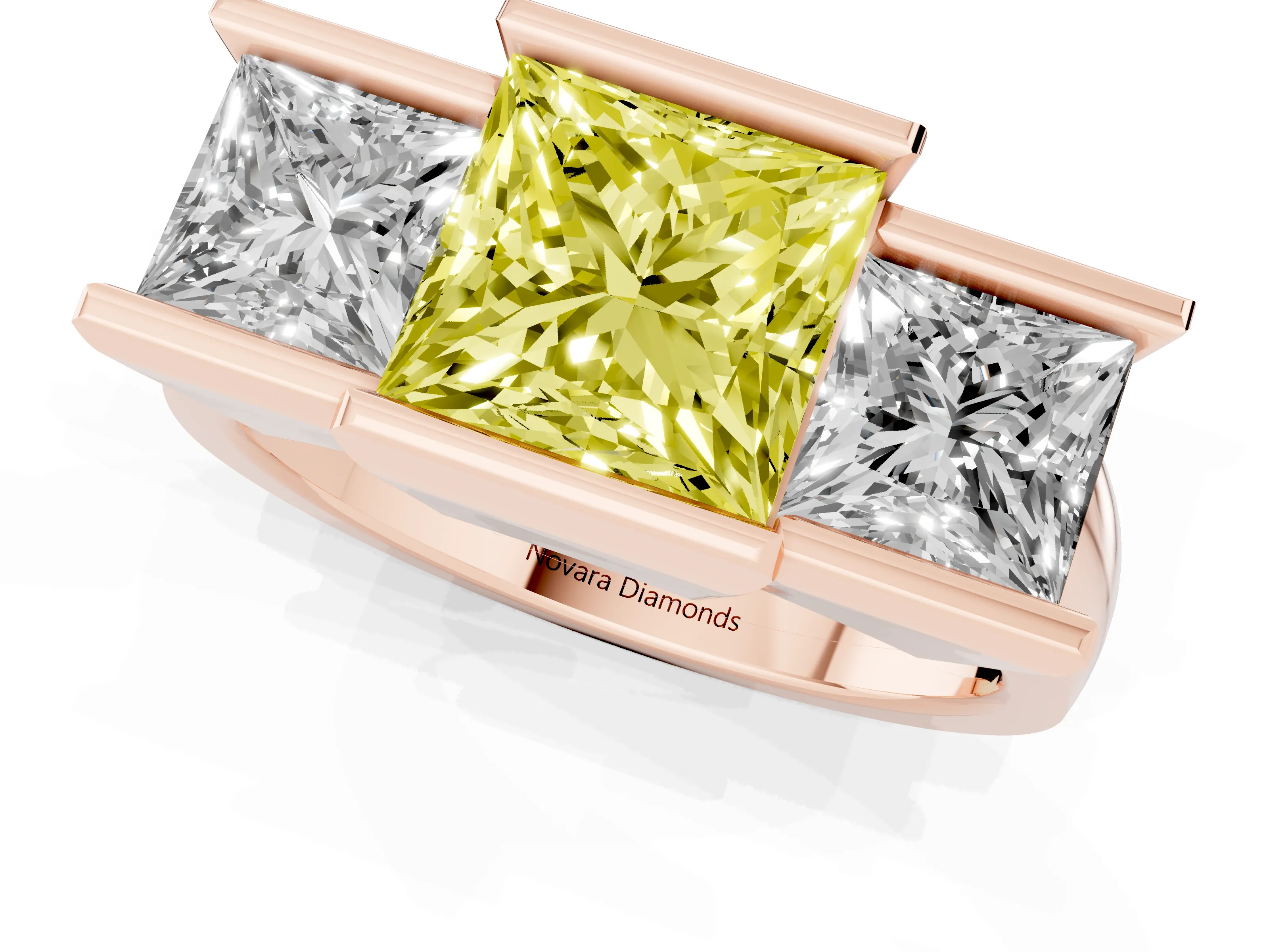 Fancy Yellow Princess Cut Diamond Three-Stone Channel Set Ring Set in Rose gold with Smooth Polished Band