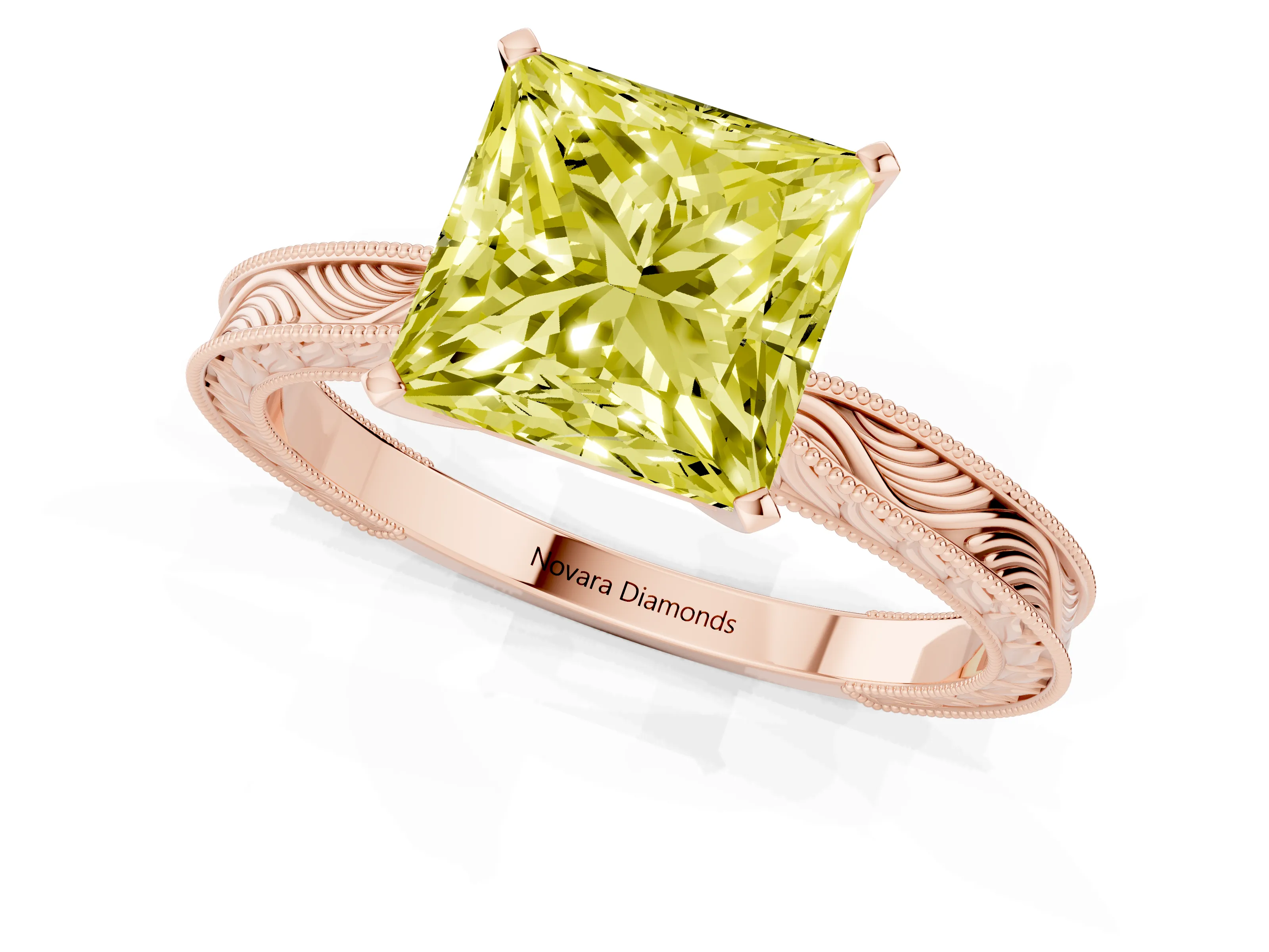 Fancy Yellow Princess Cut Diamond Solitaire Milgrain Engraved Band Set in Rose gold with Prong Setting