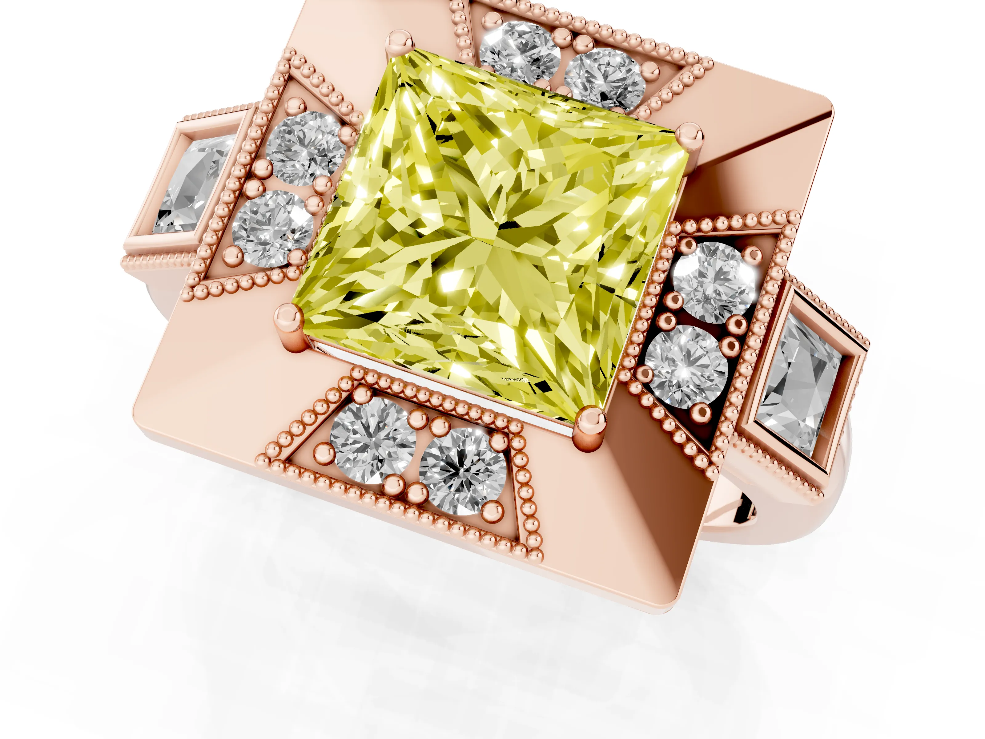 Fancy Yellow Princess Cut Diamond Milgrain Halo Ring Set in Rose gold with Split Shank