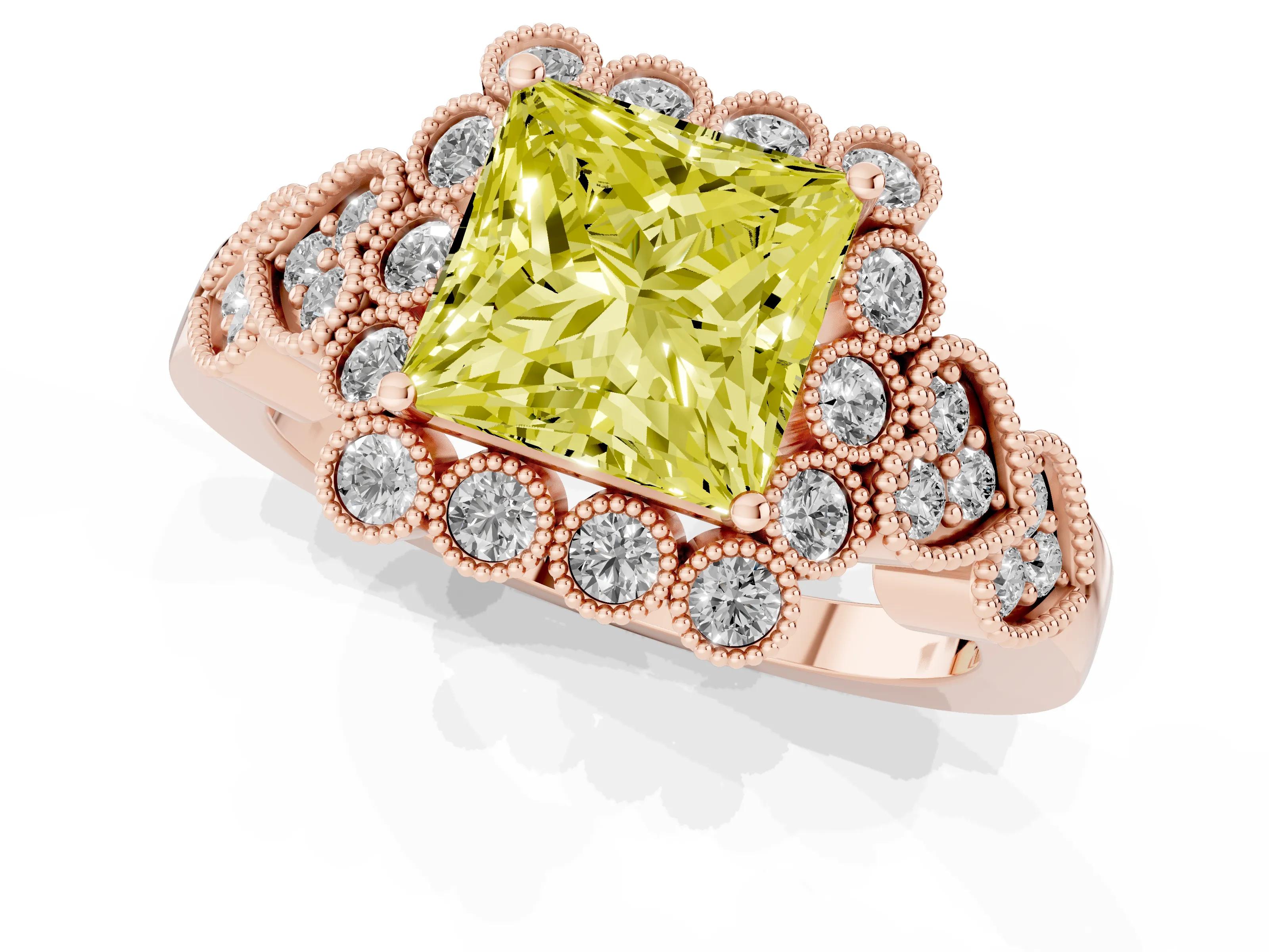 Fancy Yellow Princess Cut Diamond Solitaire Ring Set in Rose gold with Milgrain Pavé Heart Band