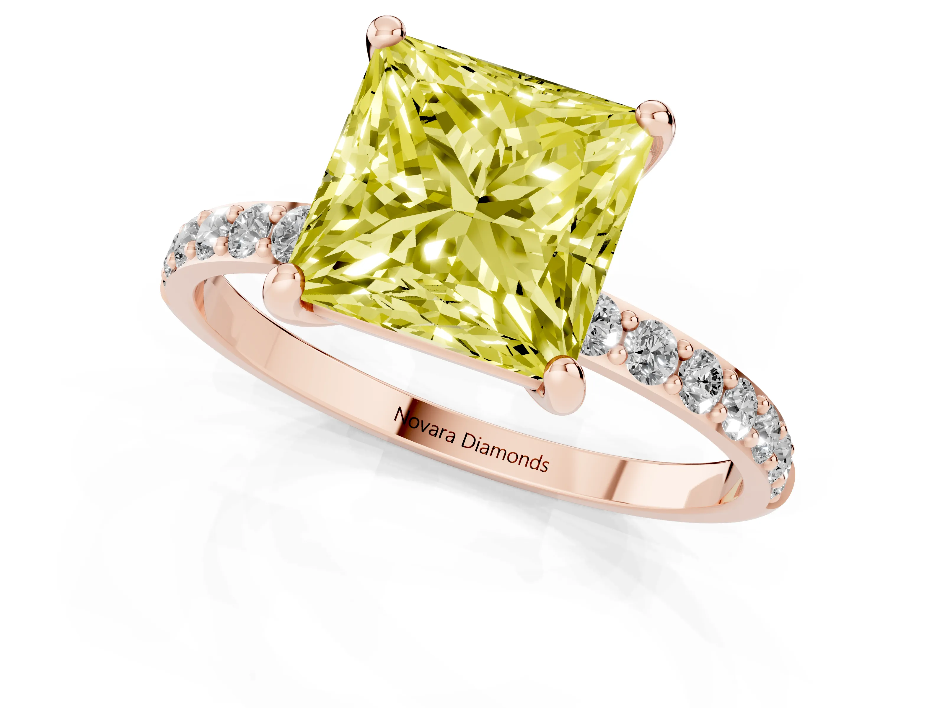 Fancy Yellow Princess Cut Diamond Solitaire Ring Set in Rose gold with Round Pavé Band and Prong Setting