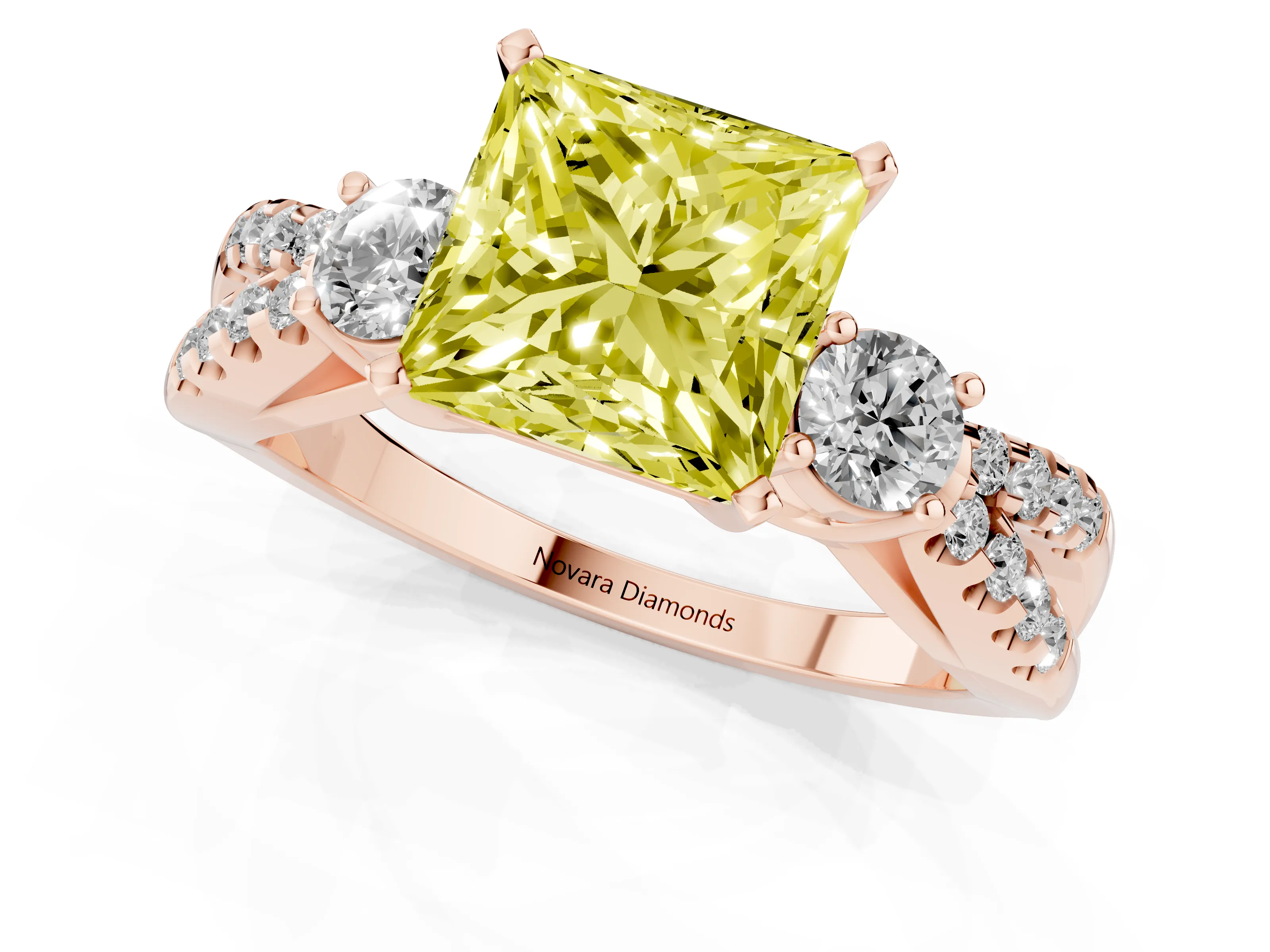 Fancy Yellow Princess Cut Diamond Three-Stone Ring Set in Rose gold with Pavé Split Shank and Prong Setting