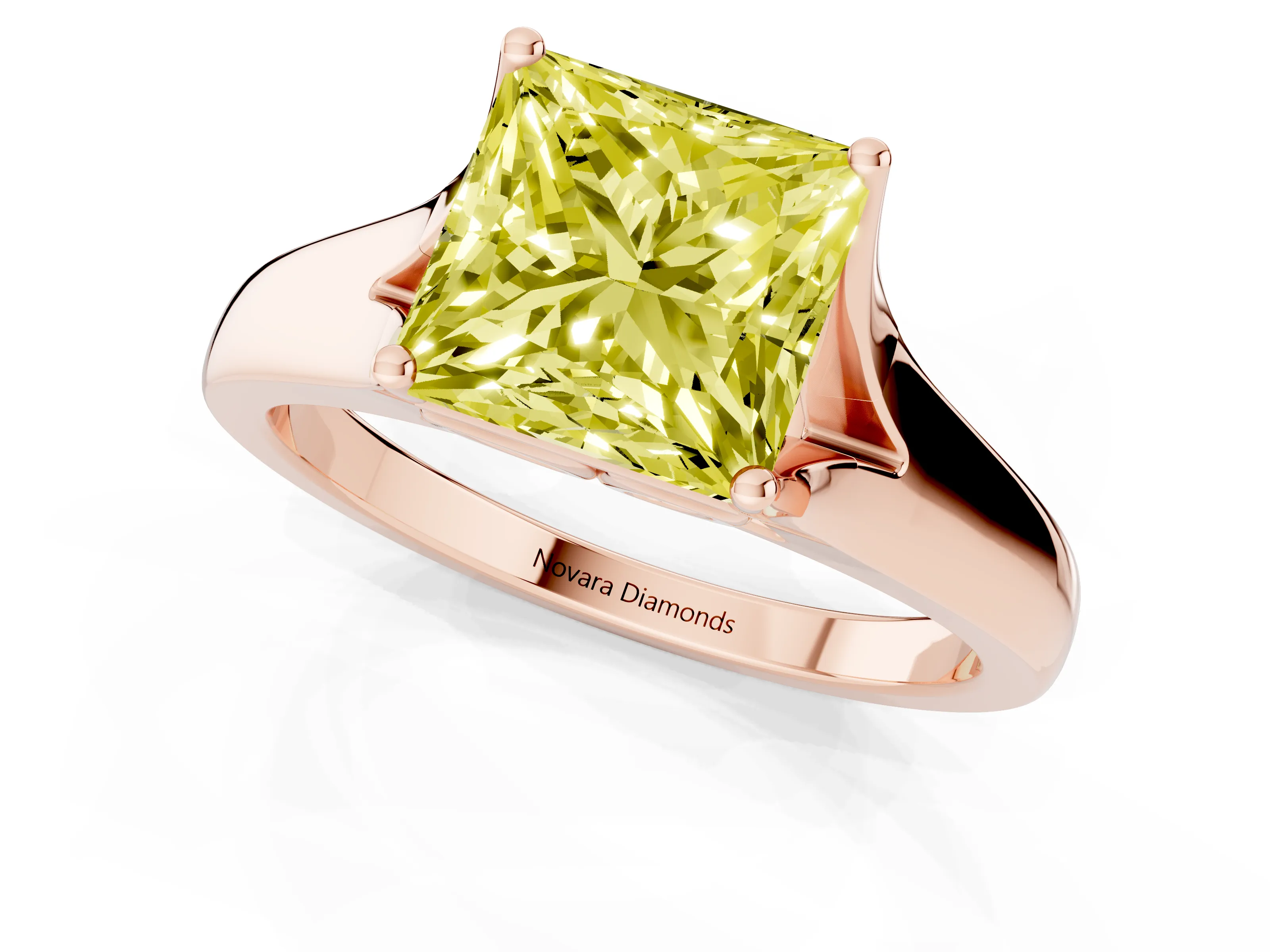 Fancy Yellow Princess Cut Diamond Solitaire Ring Set in Rose gold with Arched Cathedral Band and Prong Setting