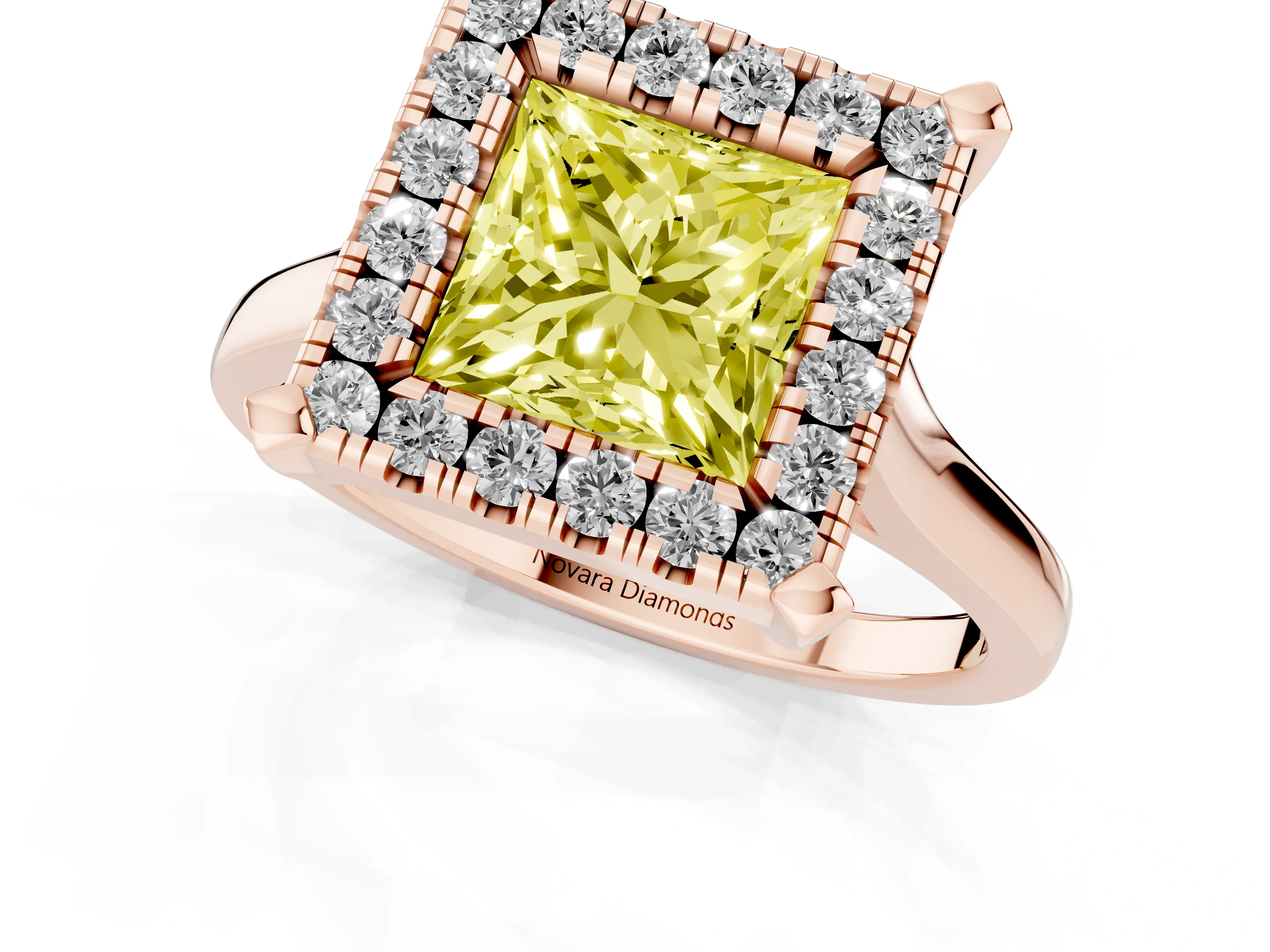 Fancy Yellow Princess Cut Diamond Cluster Halo Solitaire Ring Set in Rose gold with Prong Setting