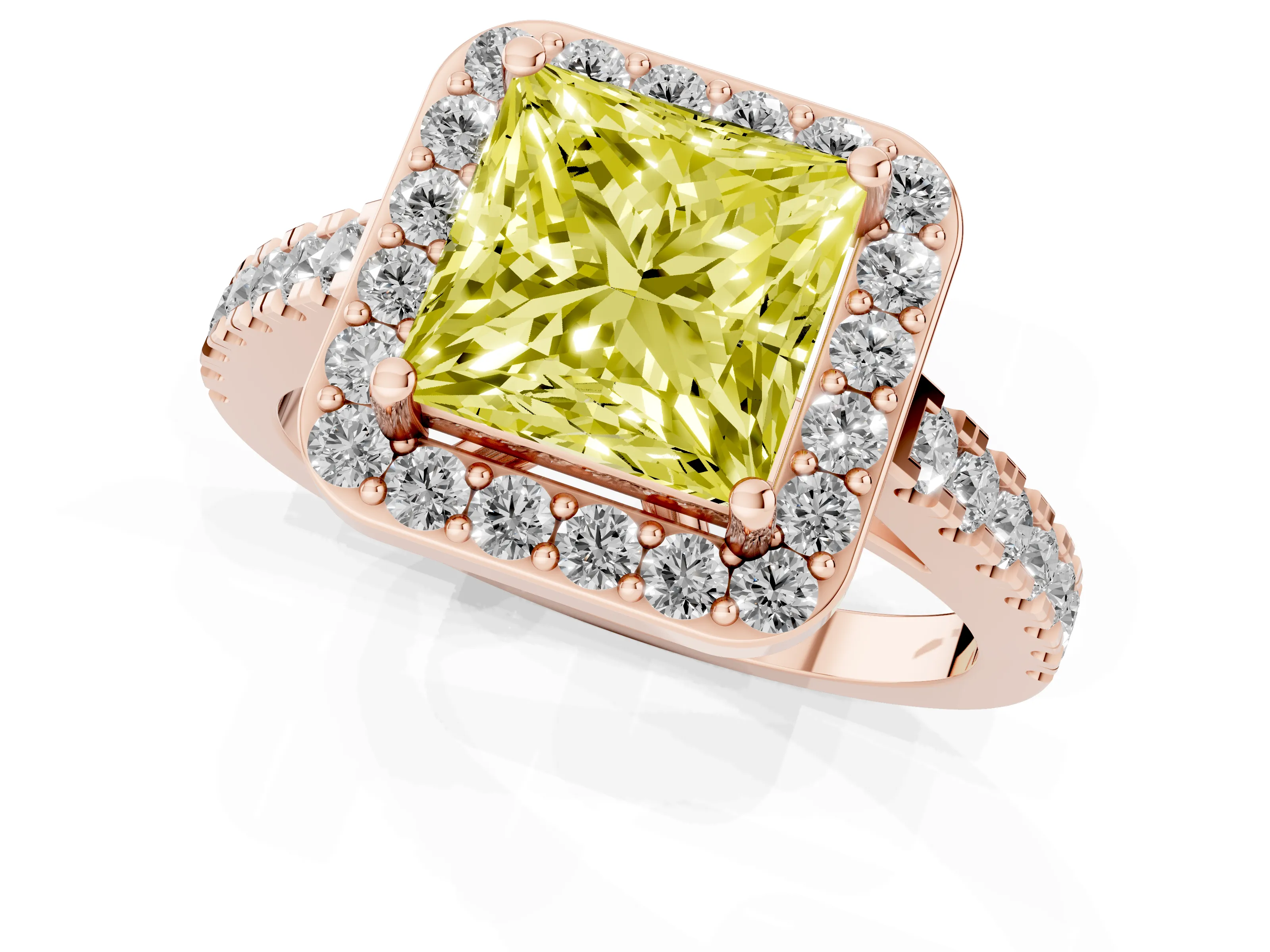 Fancy Yellow Princess Cut Diamond Halo Ring Set in Rose gold with Round Pavé Split Shank and Prong Setting