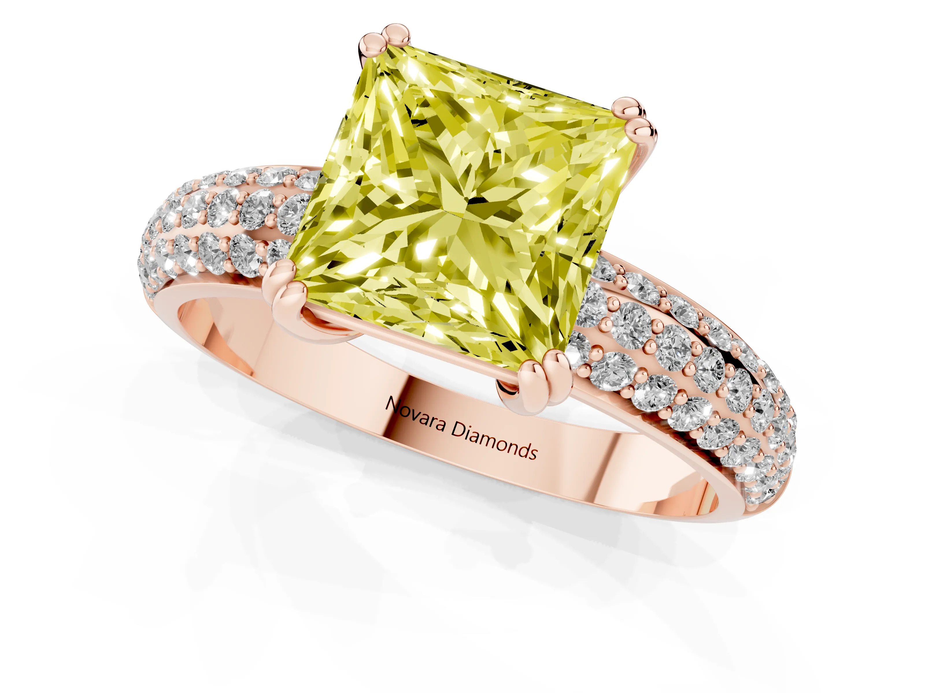 Fancy Yellow Princess Cut Diamond Solitaire Ring Set in Rose gold with Multi-Row Round Pavé Band and Prong Setting