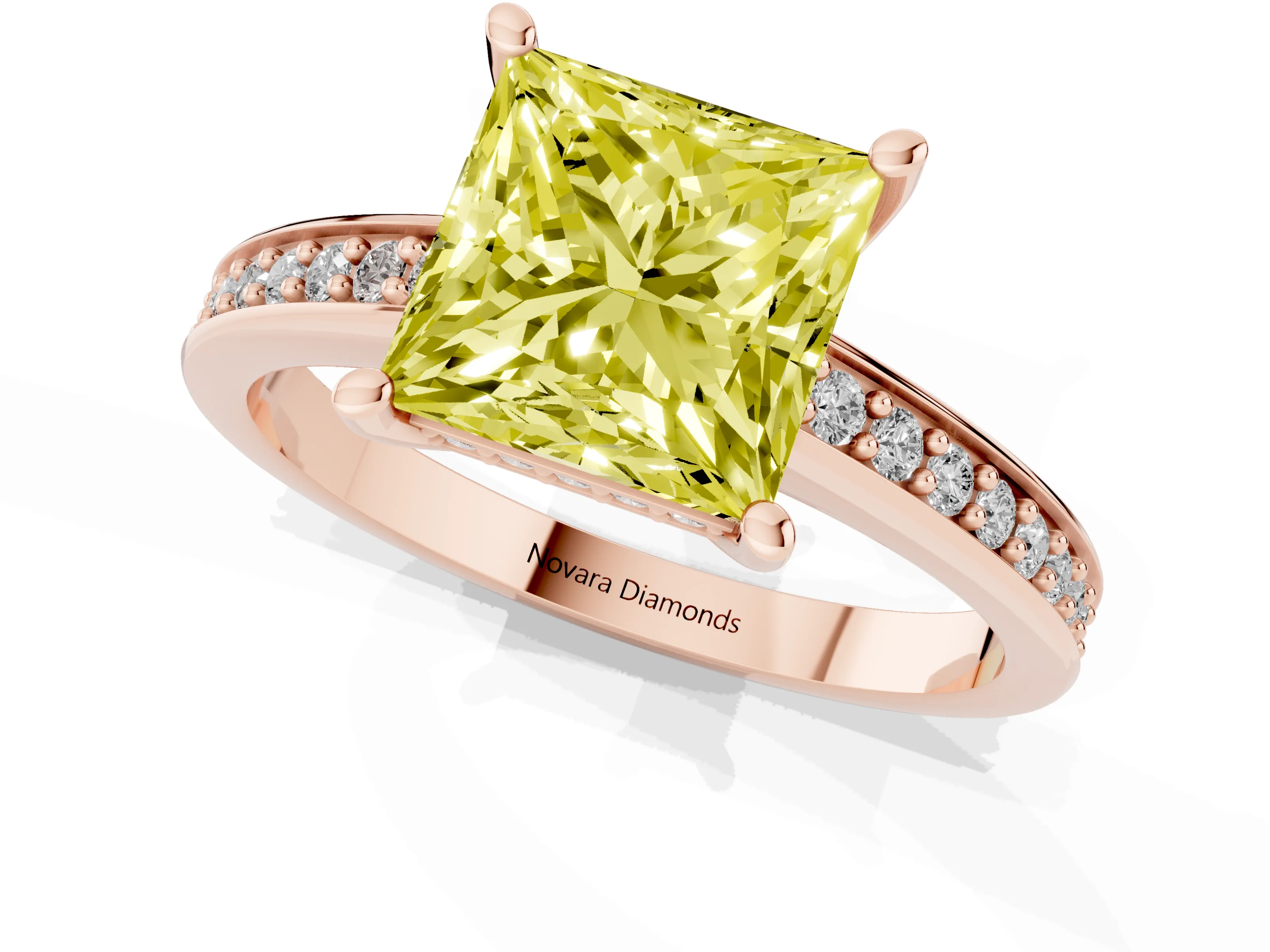Fancy Yellow Princess Cut Diamond Pavé Band Prong Set Solitaire Ring Set in Rose gold