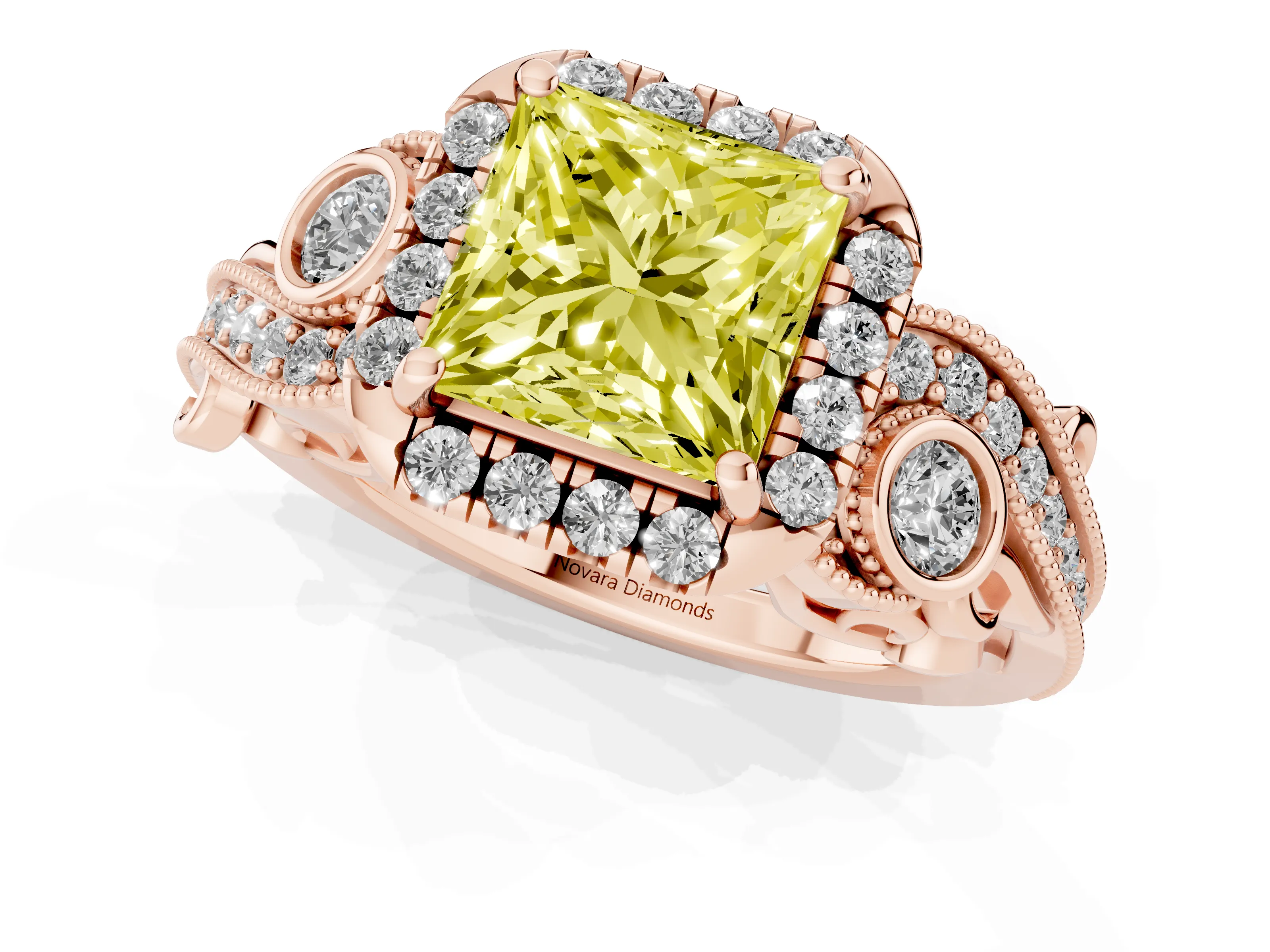 Fancy Yellow Princess Cut Diamond Halo Split Shank Ring Set in Rose gold with Milgrain and Bezel Accents