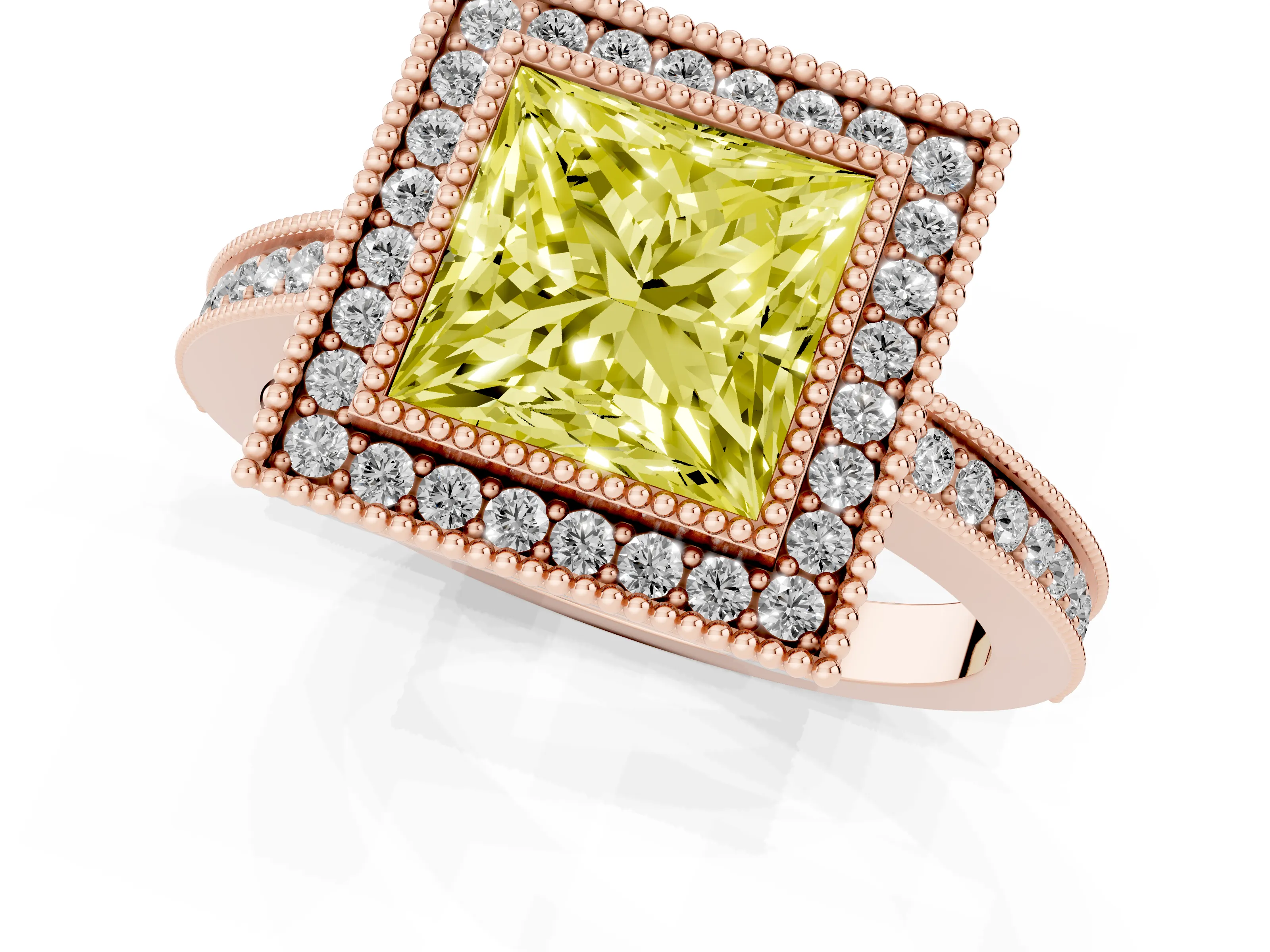 Fancy Yellow Princess Cut Diamond Halo Ring Set in Rose gold with Pavé Band and Milgrain-Edged Prongs