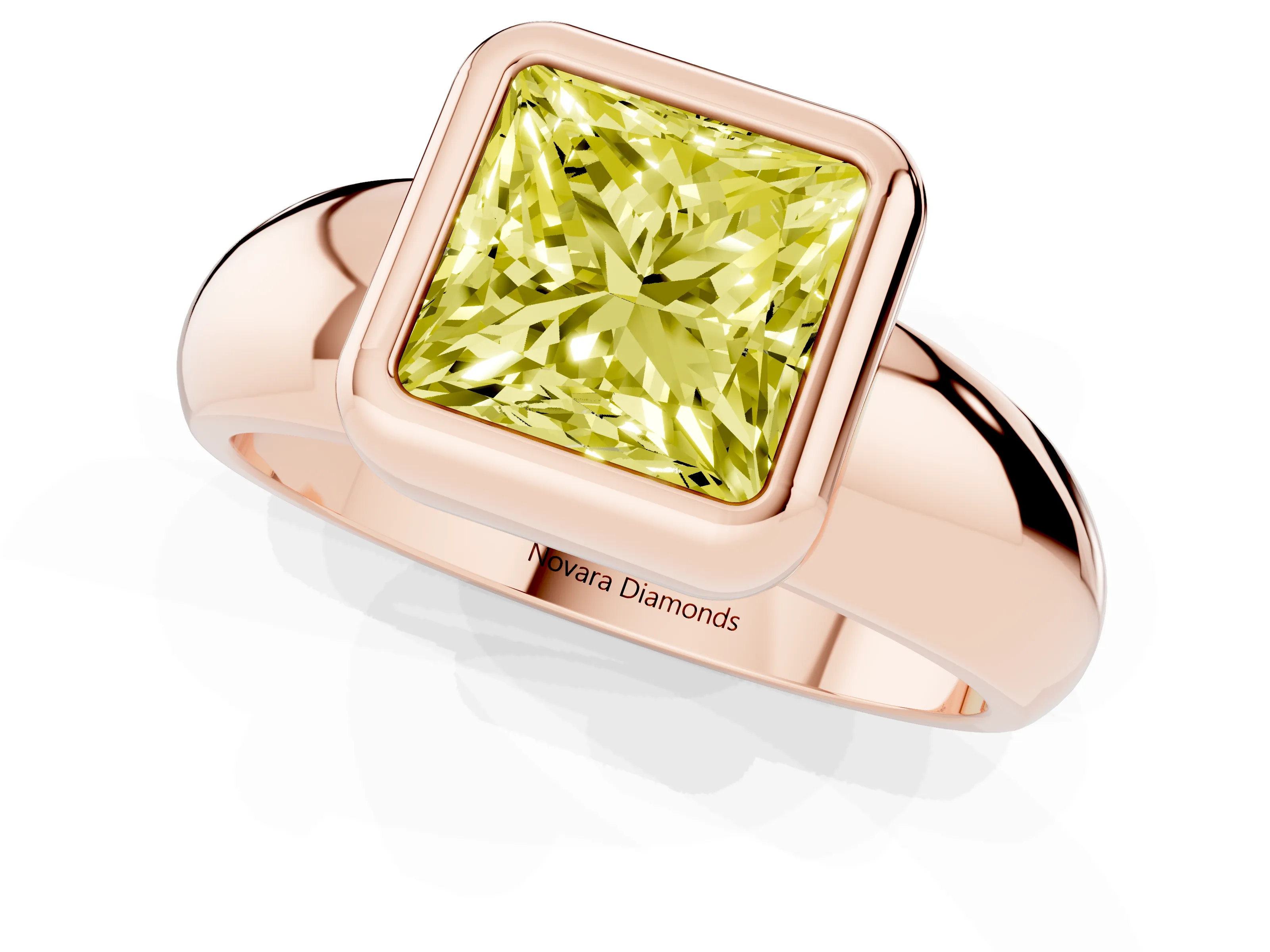 Fancy Yellow Bezel Set Princess Cut Diamond Solitaire Ring Set in Rose gold with Wide Band