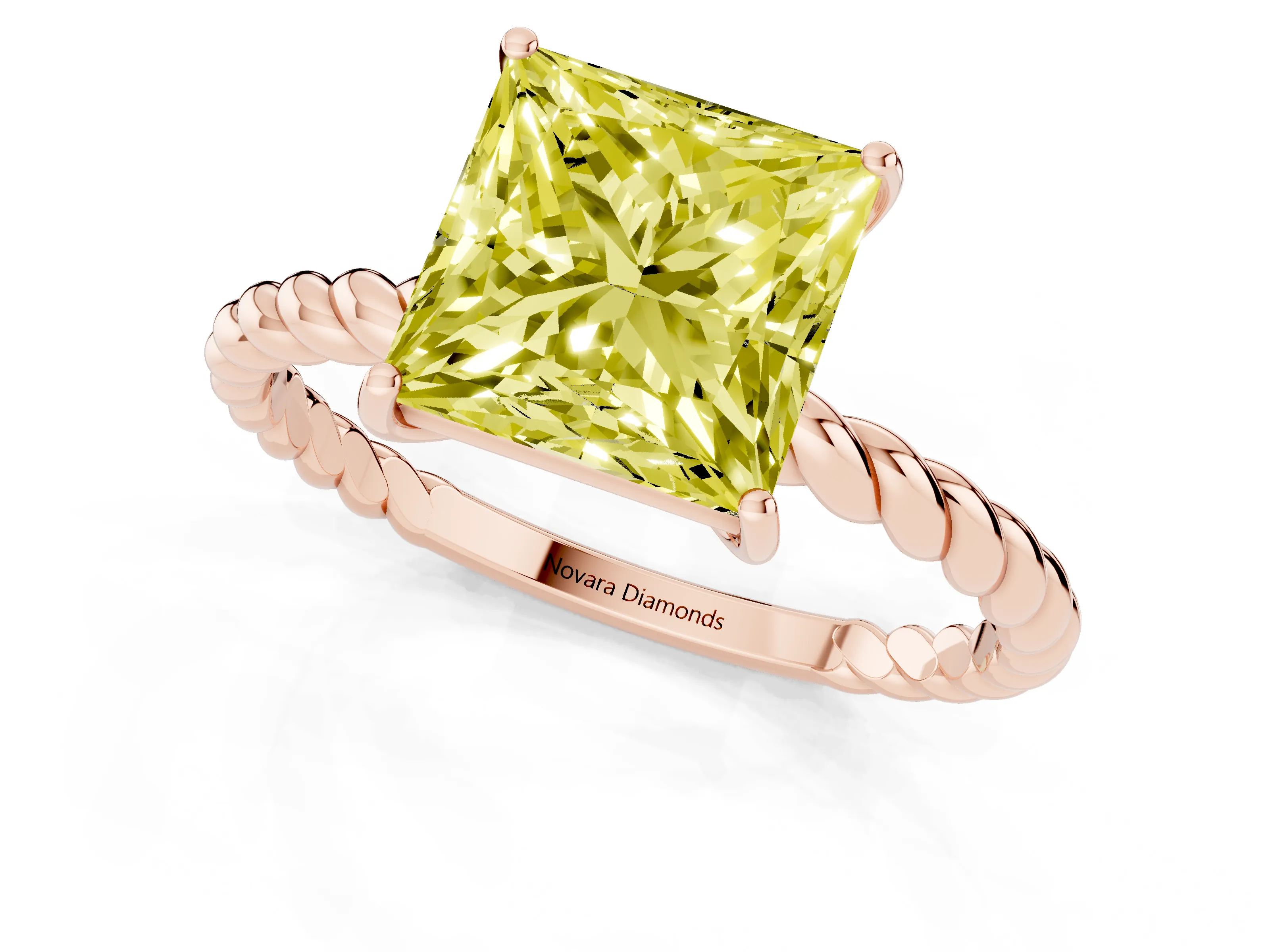 Fancy Yellow Princess Cut Diamond Solitaire Ring Set in Rose gold with Twist Band and Prong Setting