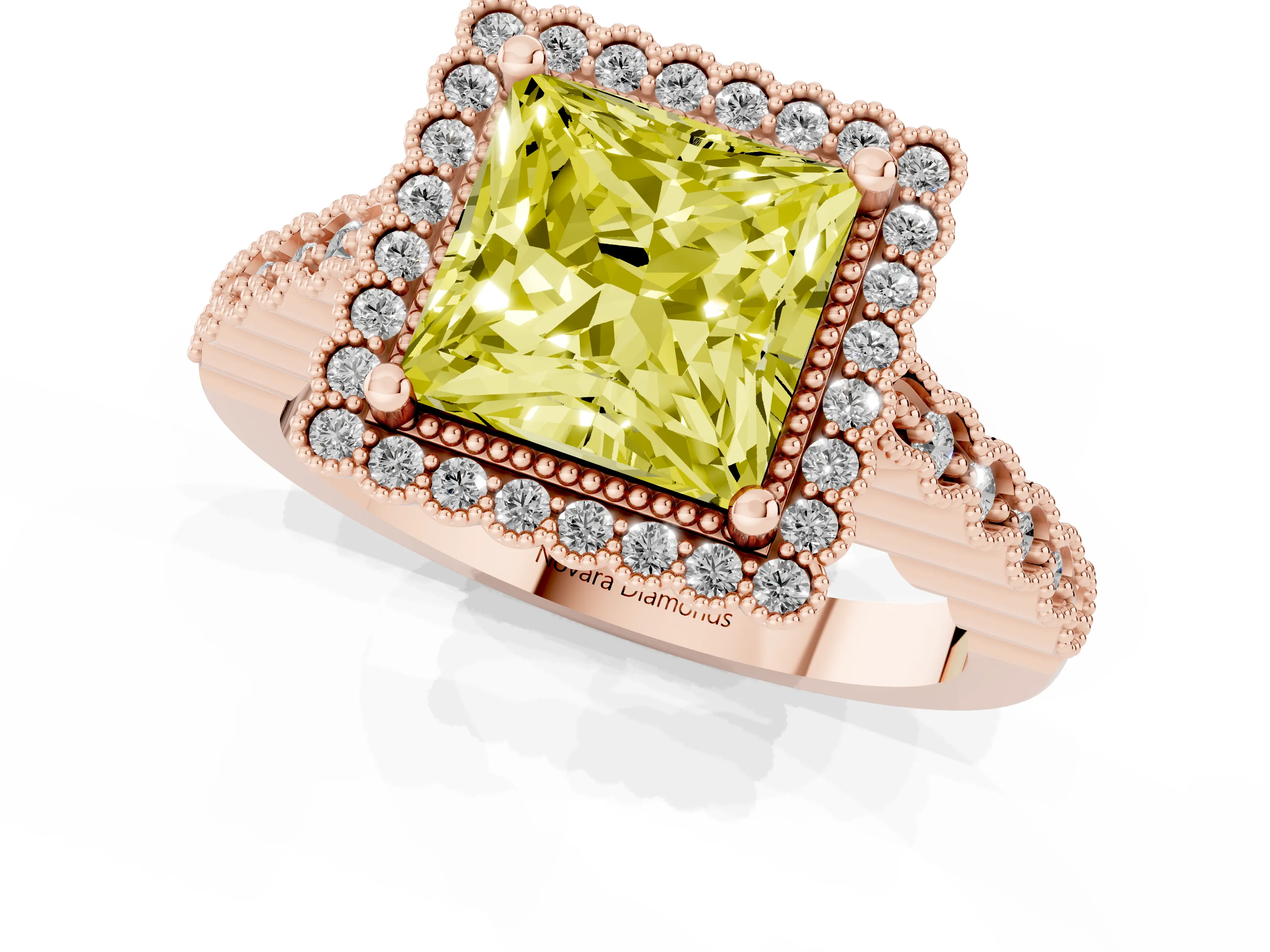 Fancy Yellow Princess Cut Diamond Halo Ring Set in Rose gold with Pavé Milgrain Band
