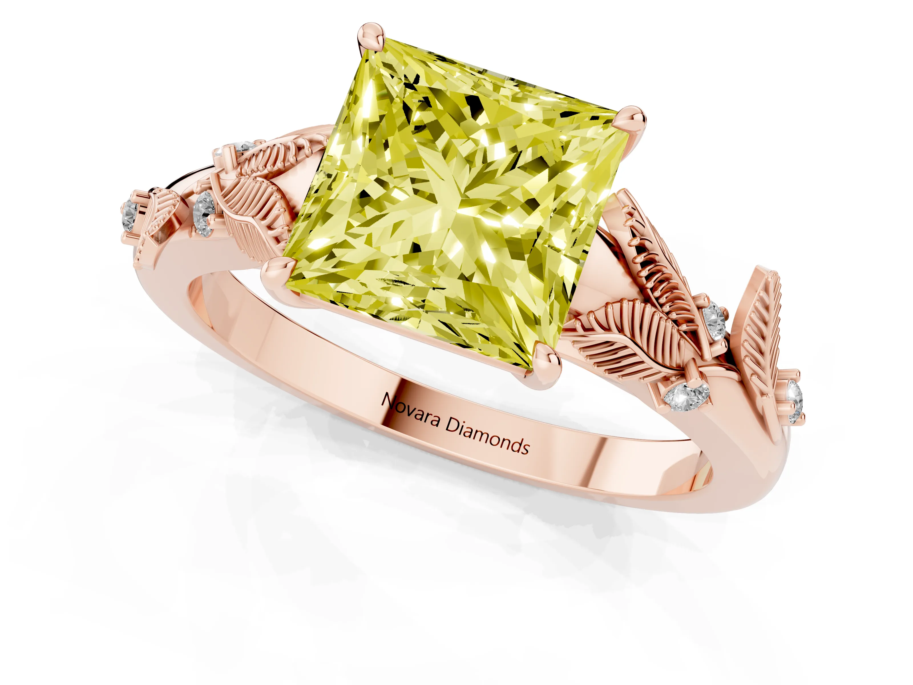 Fancy Yellow Princess Cut Diamond Solitaire Ring Set in Rose gold with Leaf Motif Band