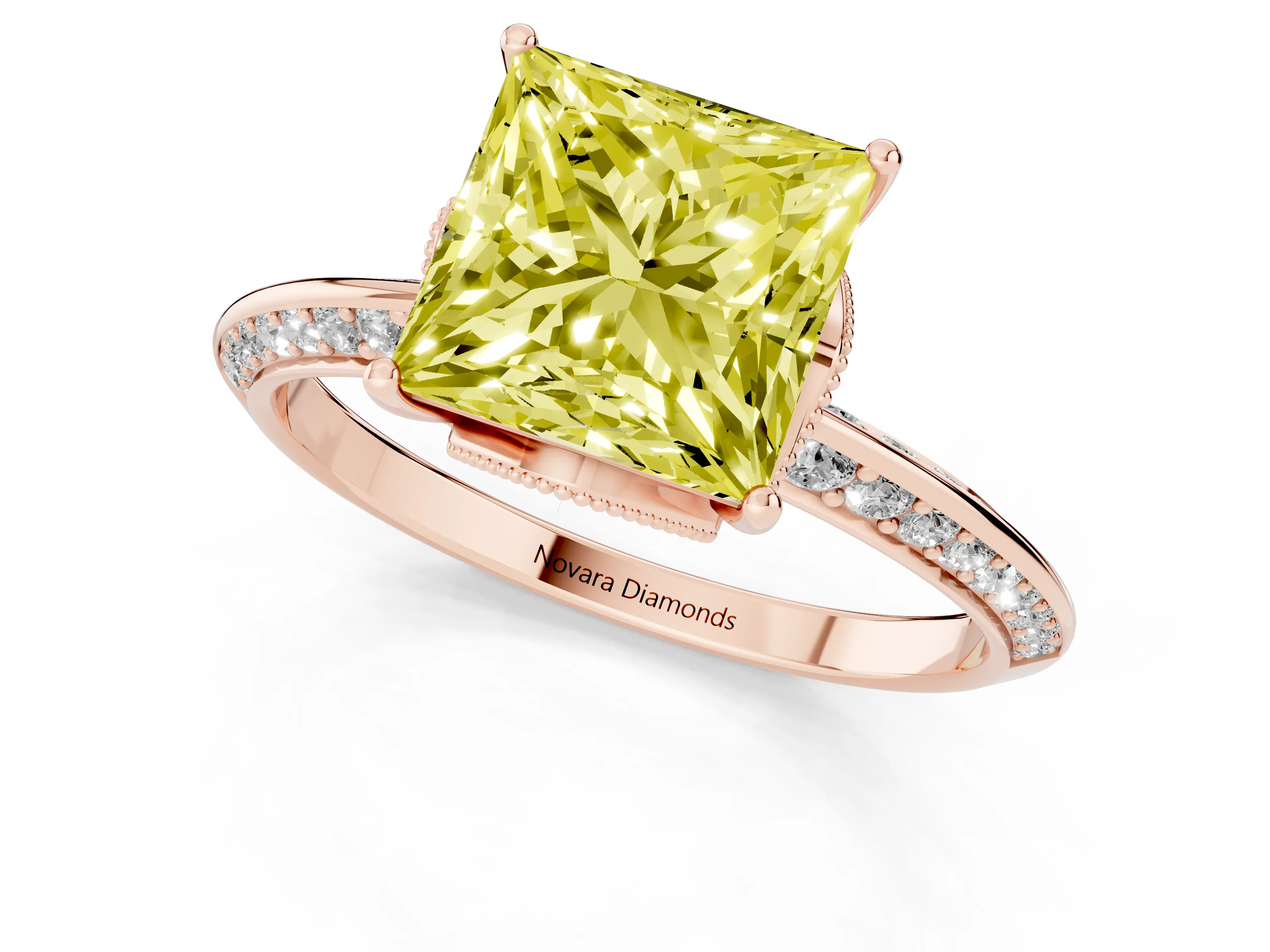 Fancy Yellow Princess Cut Diamond Solitaire Engagement Ring Set in Rose gold with Pavé Split Shank and Prong Setting