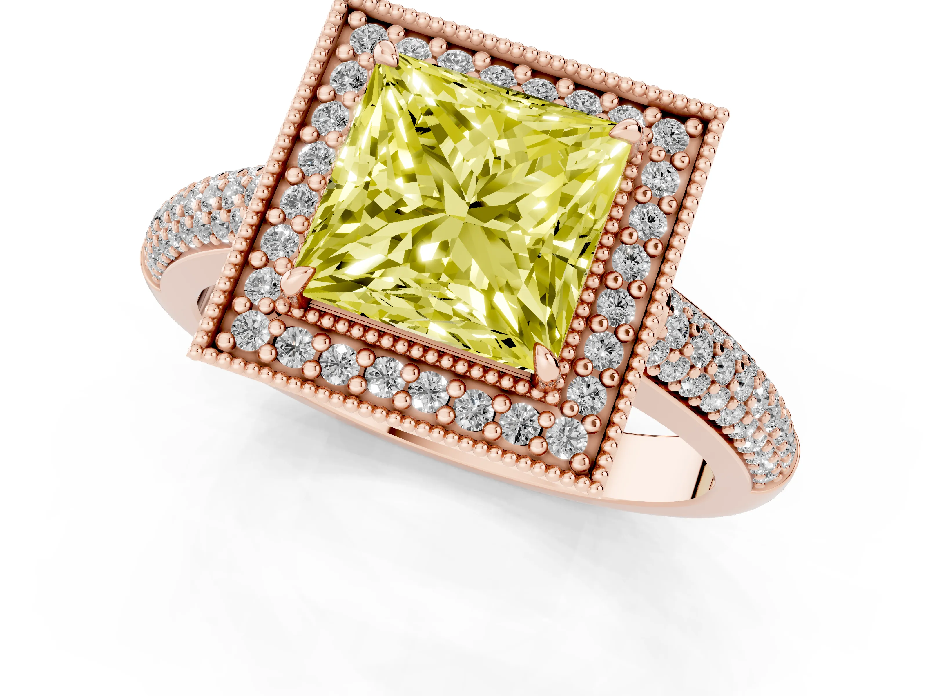 Fancy Yellow Princess Cut Diamond Halo Pavé Band Set in Rose gold with Prong Setting