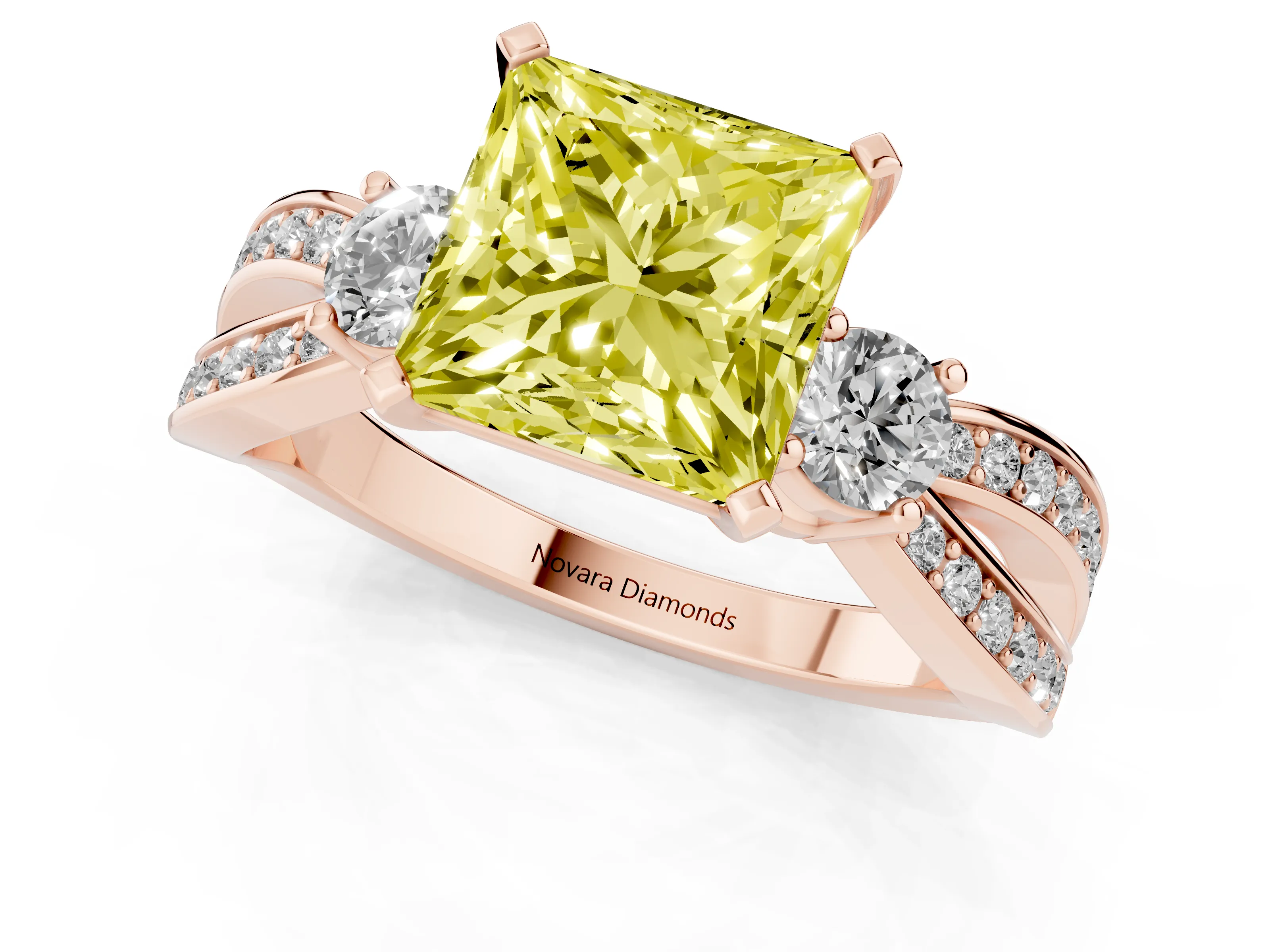 Fancy Yellow Three-Stone Princess Cut Diamond Twist Band Ring Set in Rose gold with Pavé Accents and Prong Setting